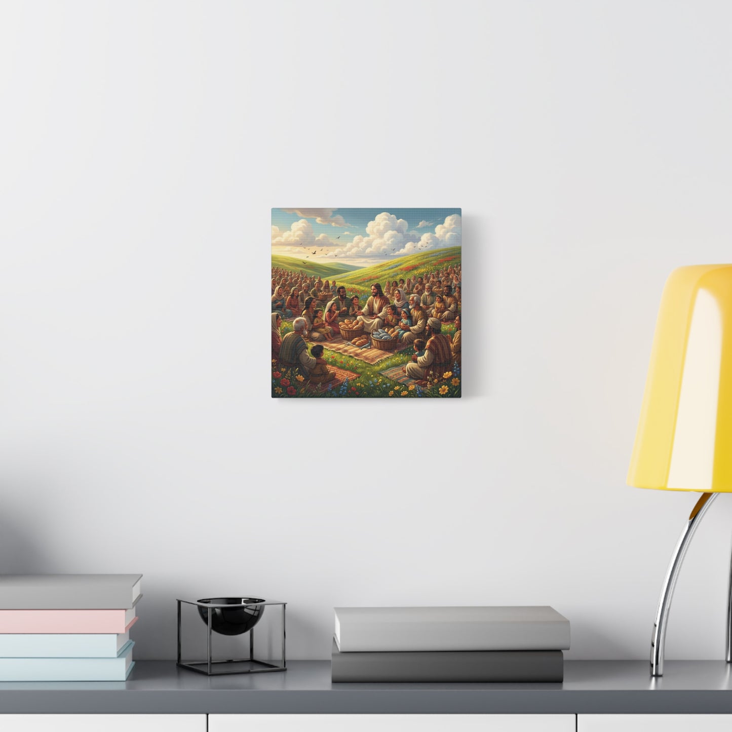 Jesus Feeding The Multitude Canvas Wall Art - Bread And Fish Biblical Scene - Meadow Landscape Christian Home Decor - Matte Cotton Print For Living Room, Bedroom, Office, Meditation Space