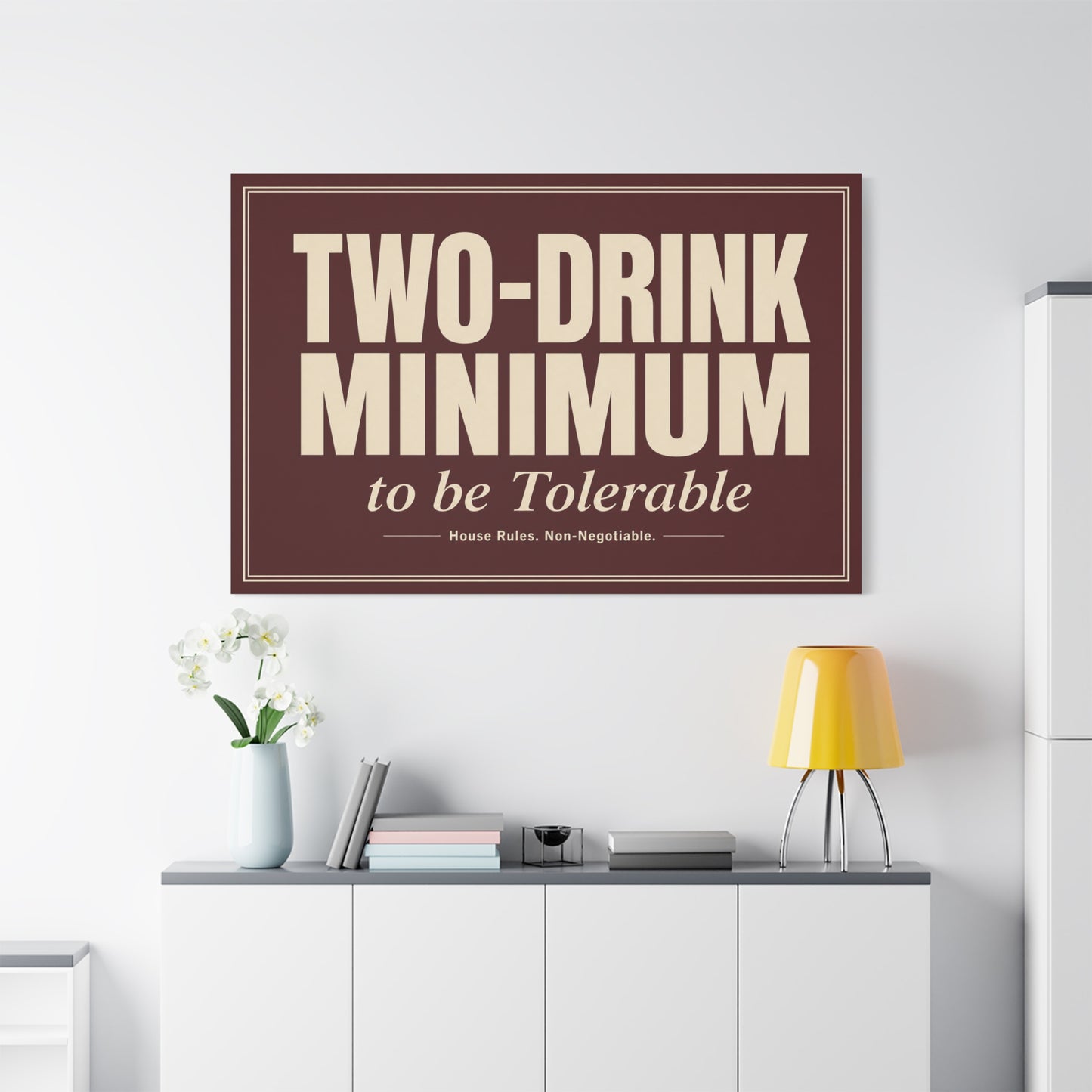 "TWO-DRINK MINIMUM to be Tolerable" Funny Typography Canvas Wall Art - Vintage Bar Quote Decor, Retro Humor Sign, Burgundy Cream Wall Hanging - Ready to Hang - Cocktail Lounge Decor - HP Latex Print