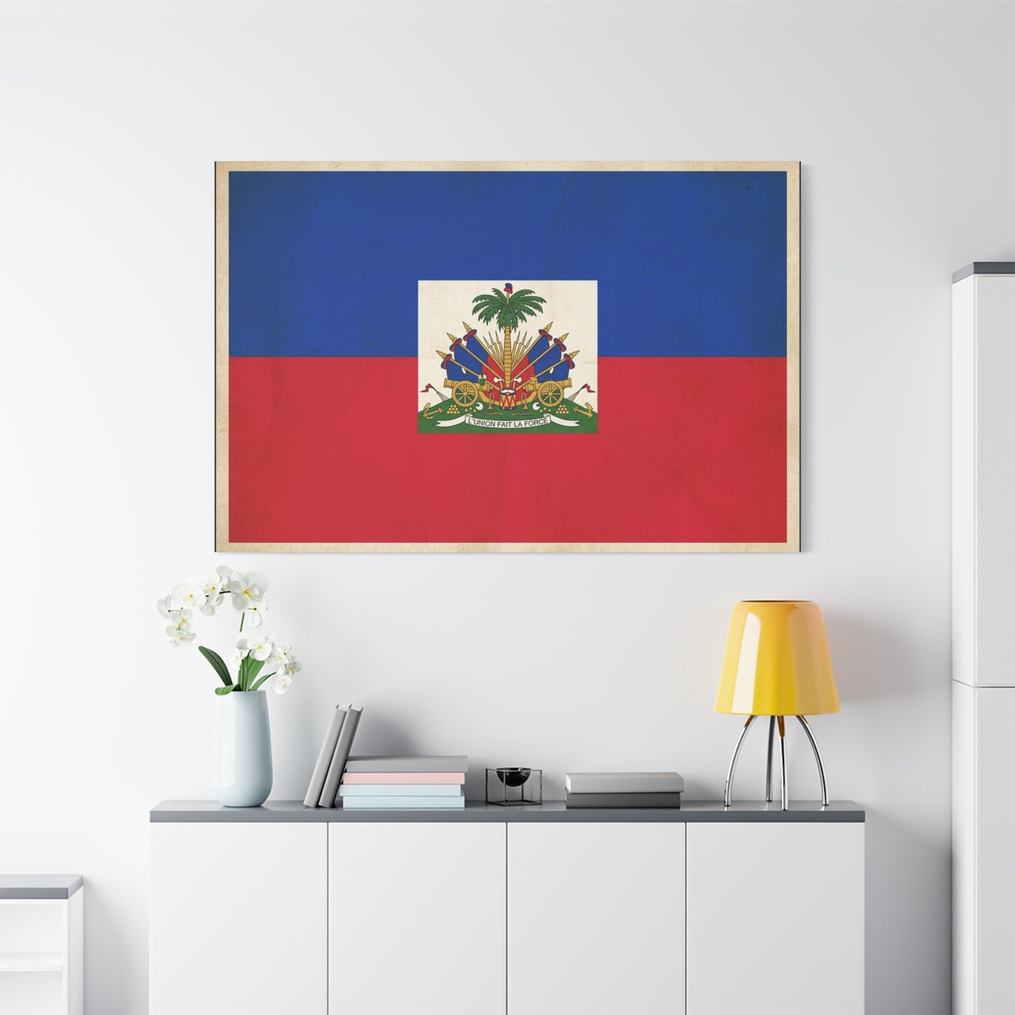 Haiti Flag Canvas Wall Art - Haitian Flag Print With Coat Of Arms, Patriotic Blue Red Banner - Framed Look Matte Canvas - Living Room Wall Decor, Bedroom Home Decoration - Bedroom Home Decoration