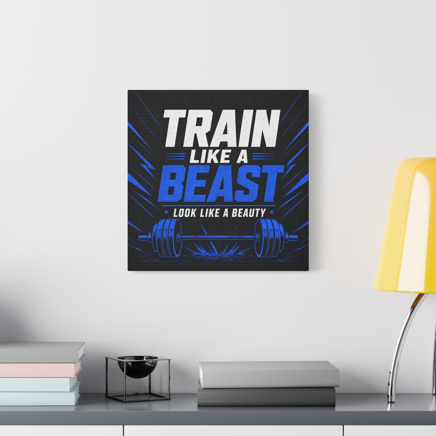 "Train Like A Beast Look Like A Beauty" Gym Canvas Wall Art - Blue Black Barbell Typography Motivational Fitness Decor - Modern Sports Quote Print - Ready to Hang - Living Room Wall Decor