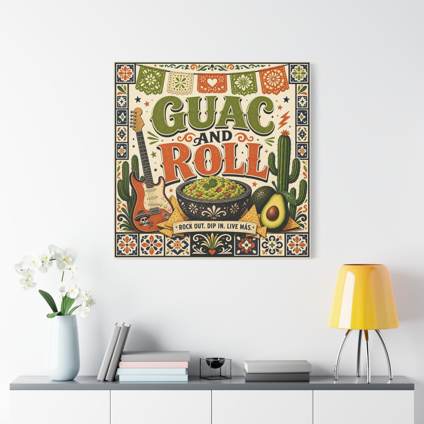"Guac And Roll" Typography Canvas Wall Art - Fiesta Guitar, Cactus, Avocado Folk Illustration - Bohemian Rustic Style - Kitchen Wall Decor, Dining Room Accent, Cafe Wall Decor - Modern Farmhouse Style