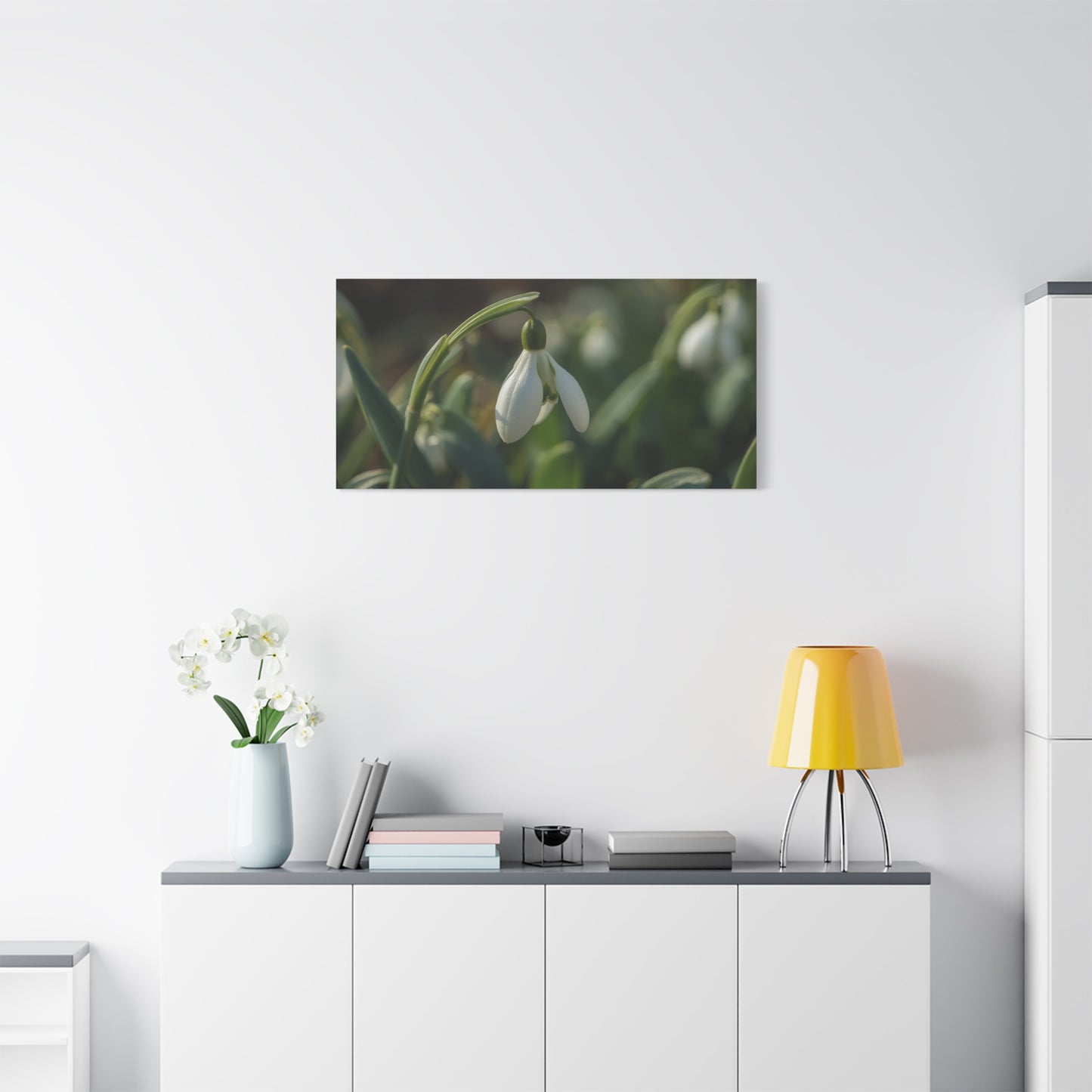 Snowdrop Flower Canvas Wall Art - Botanical Macro Art Print, Soft Green White Floral Print - Matte Cotton Canvas - Traditional Nature Style - Bedroom Wall Decor, Spa Wall Art - Ready to Hang