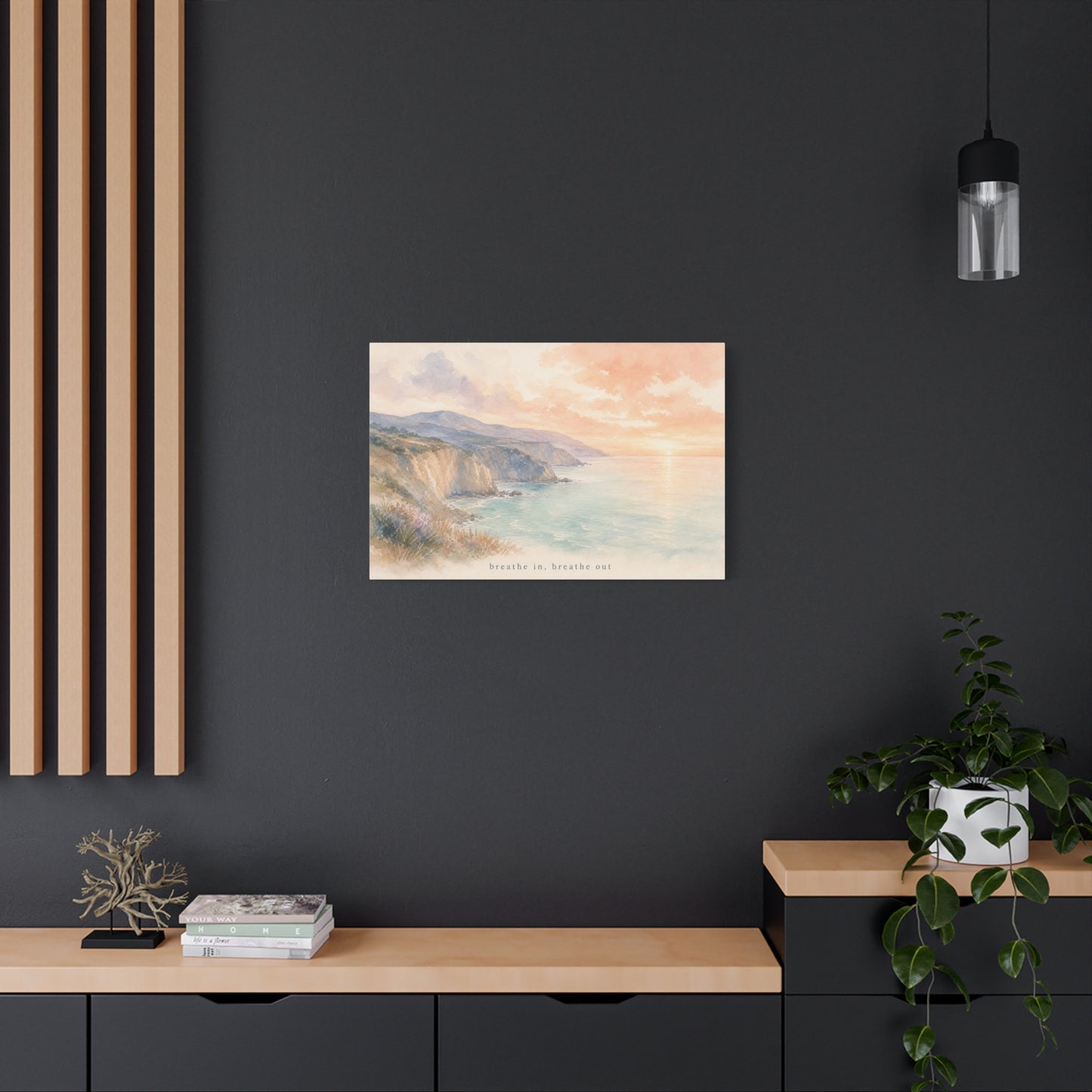 "Breathe In, Breathe Out" Coastal Sunset Canvas Wall Art - Watercolor Cliff Seascape, Jellyfish Room Decor, Serene Beach Landscape Print - Bedroom Home Decoration, Meditation Space - Office Wall Art