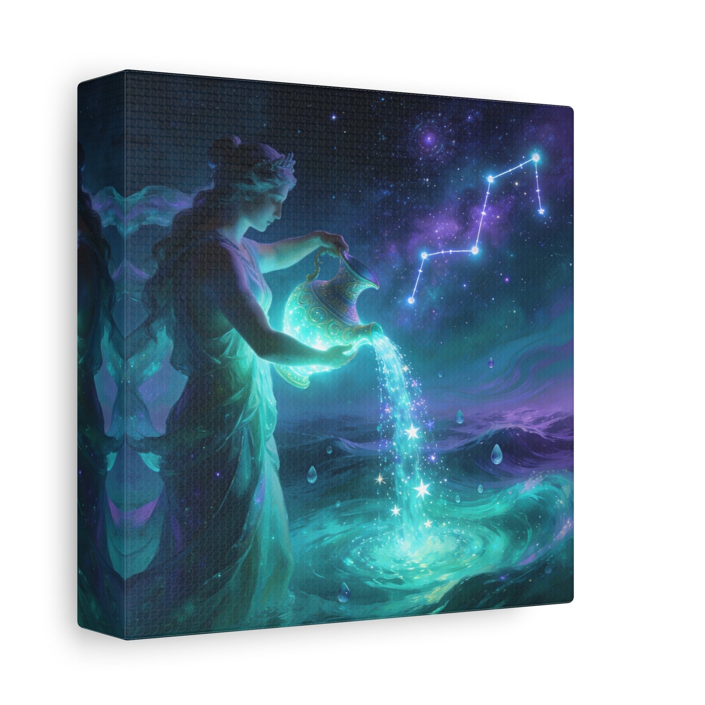 Aquarius Goddess Canvas Wall Art - Zodiac Water Bearer Celestial Galaxy Illustration - Mystical Purple Blue Fantasy Decor - Bedroom Home Decoration, Living Room Wall Decor - Bedroom Home Decoration