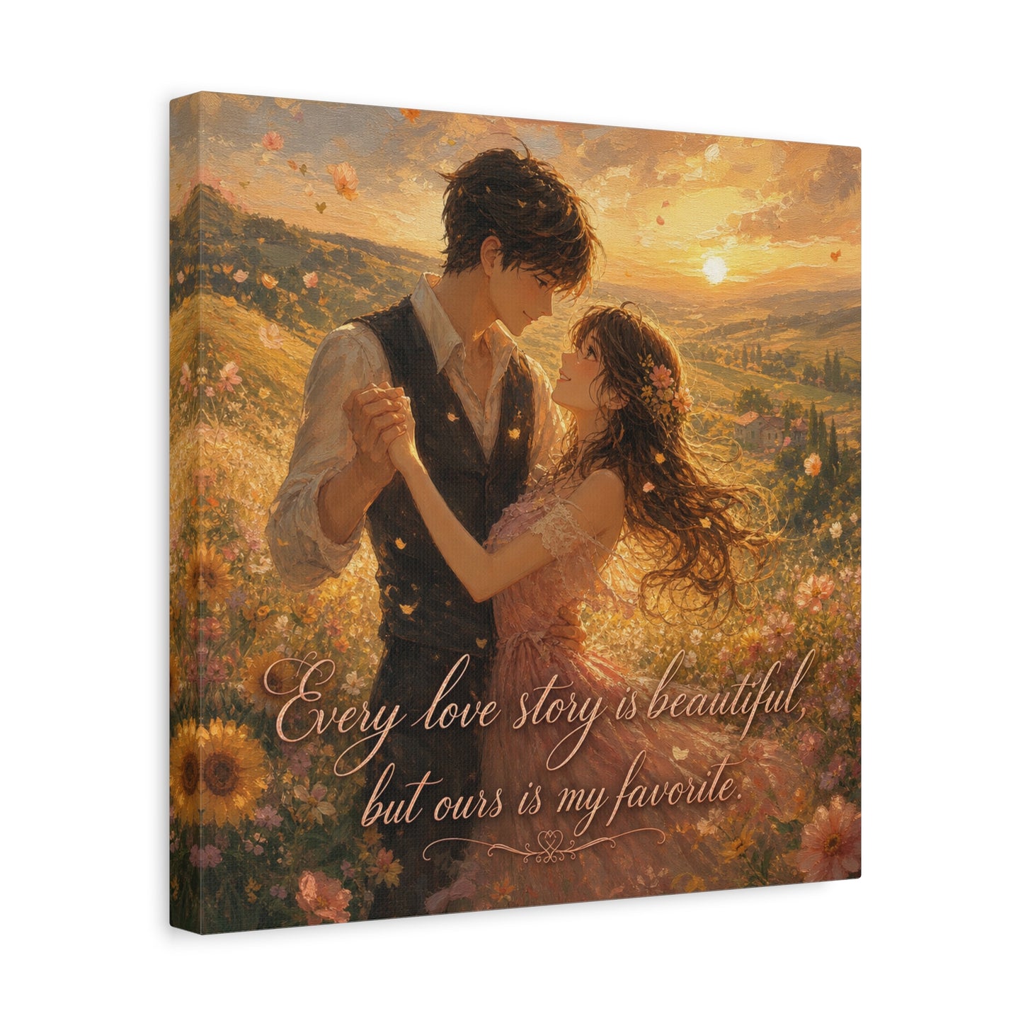 "Every Love Story Is Beautiful, But Ours Is My Favorite" Romantic Couple Canvas Wall Art - Golden Sunset Wildflower Field - Dreamy Rustic Style - Bedroom Wall Decor - Ready to Hang - Ready to Hang