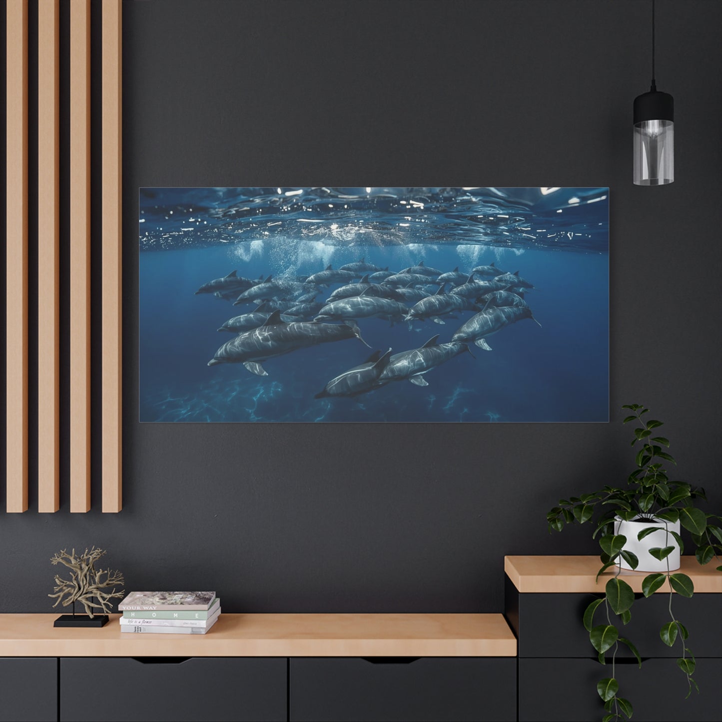 Dolphin Pod Canvas Wall Art - Underwater Ocean Art Print, Blue Marine Wildlife Decor - Matte Coastal Style - Living Room Wall Decor, Bedroom Home Decoration - Bedroom Home Decoration