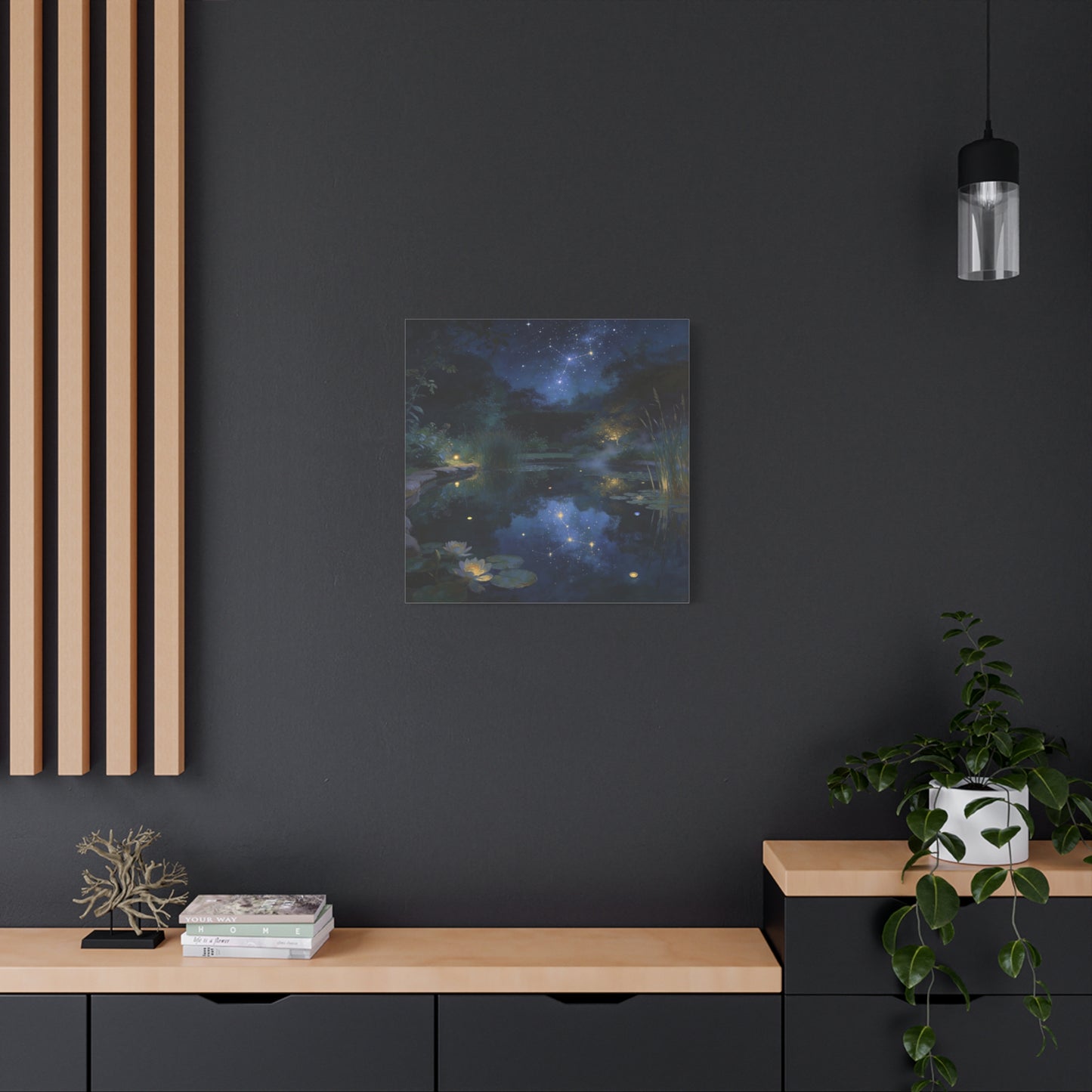 Starry Night Pond Canvas Wall Art - Moonlit Water Lilies, Celestial Reflection Landscape - Dreamy Matte Canvas Print - Traditional Nightscape Style - Living Room Wall Decor Bedroom Home Accent