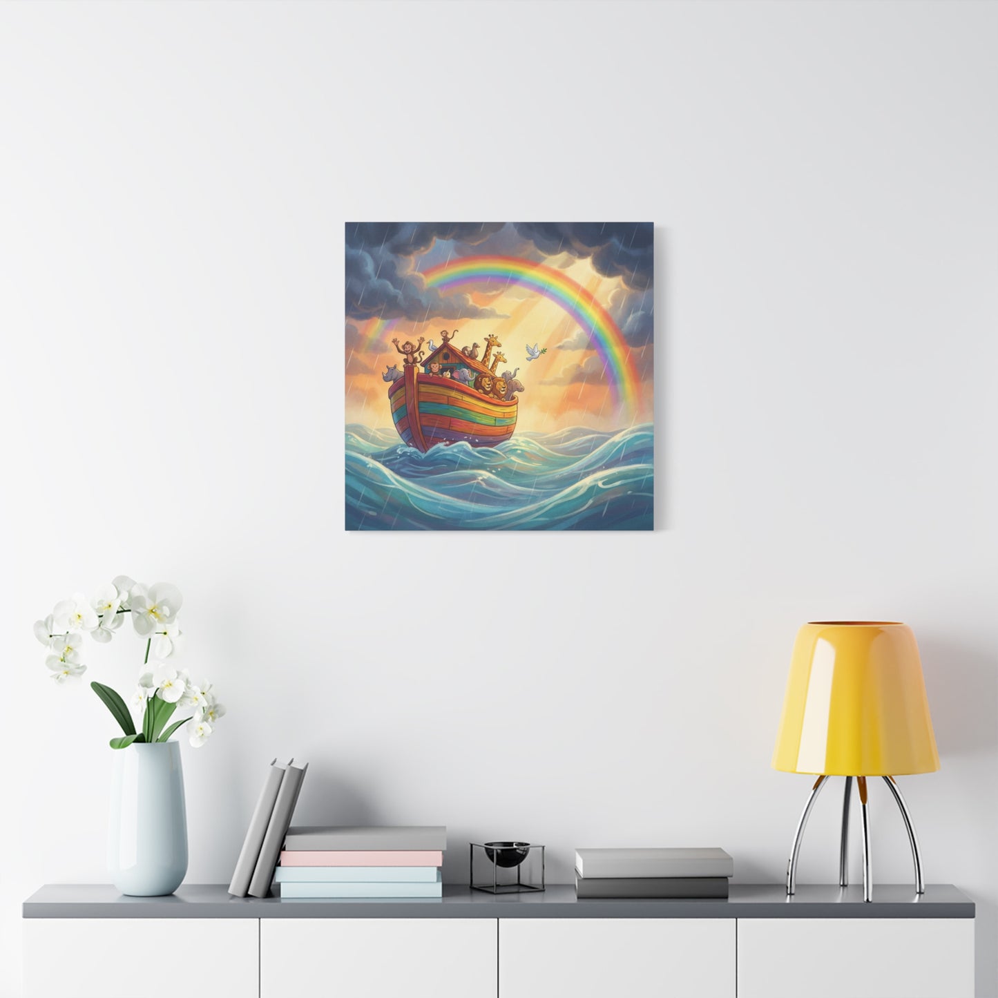 Noahs Ark Canvas Wall Art - Rainbow Animal Boat Nursery Decor - Cotton Canvas Print, Kids Bedroom Home Decoration, Playroom Wall Hanging, Biblical Story Illustration, Classroom Accent - Ready to Hang