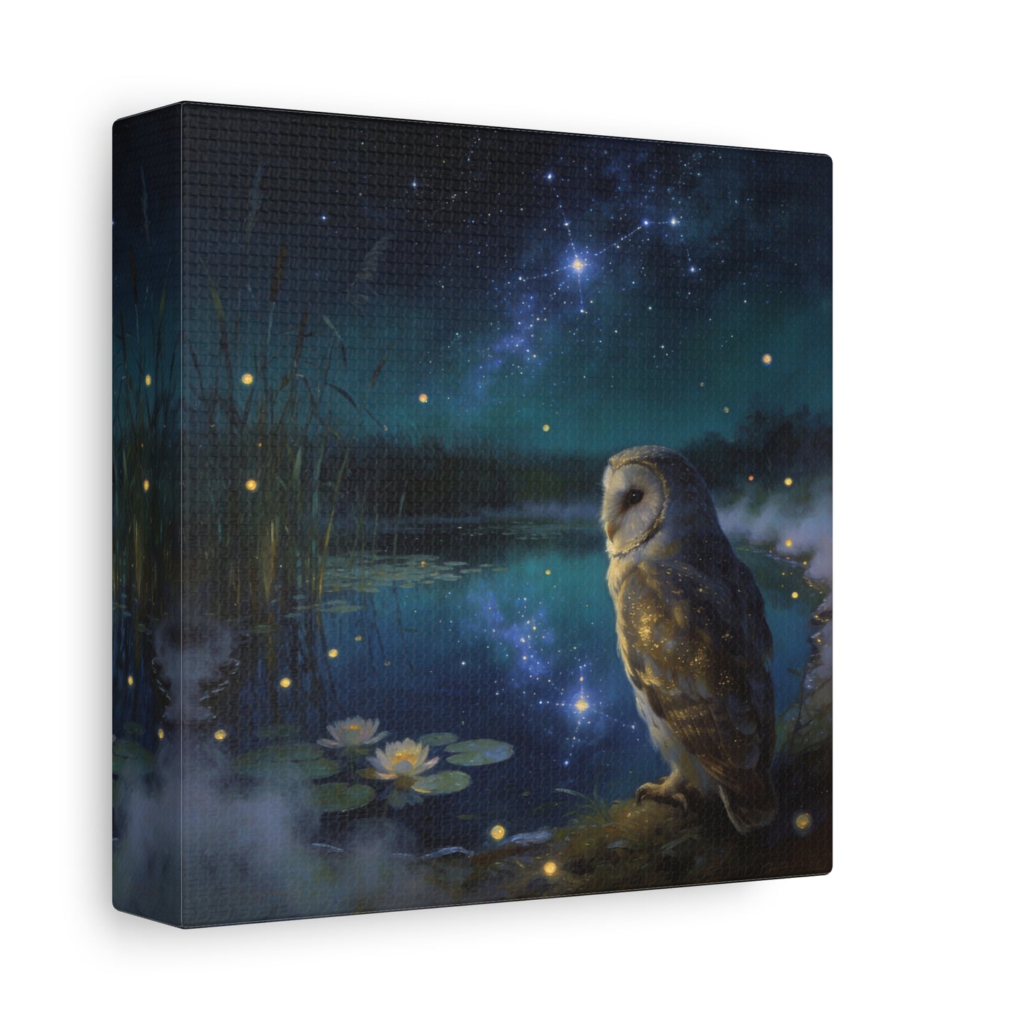 Barn Owl Canvas Wall Art - Moonlit Pond, Fireflies, Water Lilies, Starry Night Sky - Dreamy Wildlife Painting - Matte Finish Canvas Print - Bedroom Wall Decor, Nursery Accent - Bedroom Home Decoration