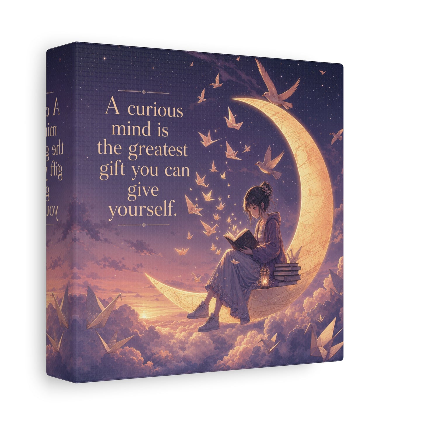"A Curious Mind Is The Greatest You Can Give Yourself" Canvas Wall Art - Moon Reading Girl Quote Print, Dreamy Celestial Illustration - Bedroom Wall Decor, Home Office Accent - Ready to Hang