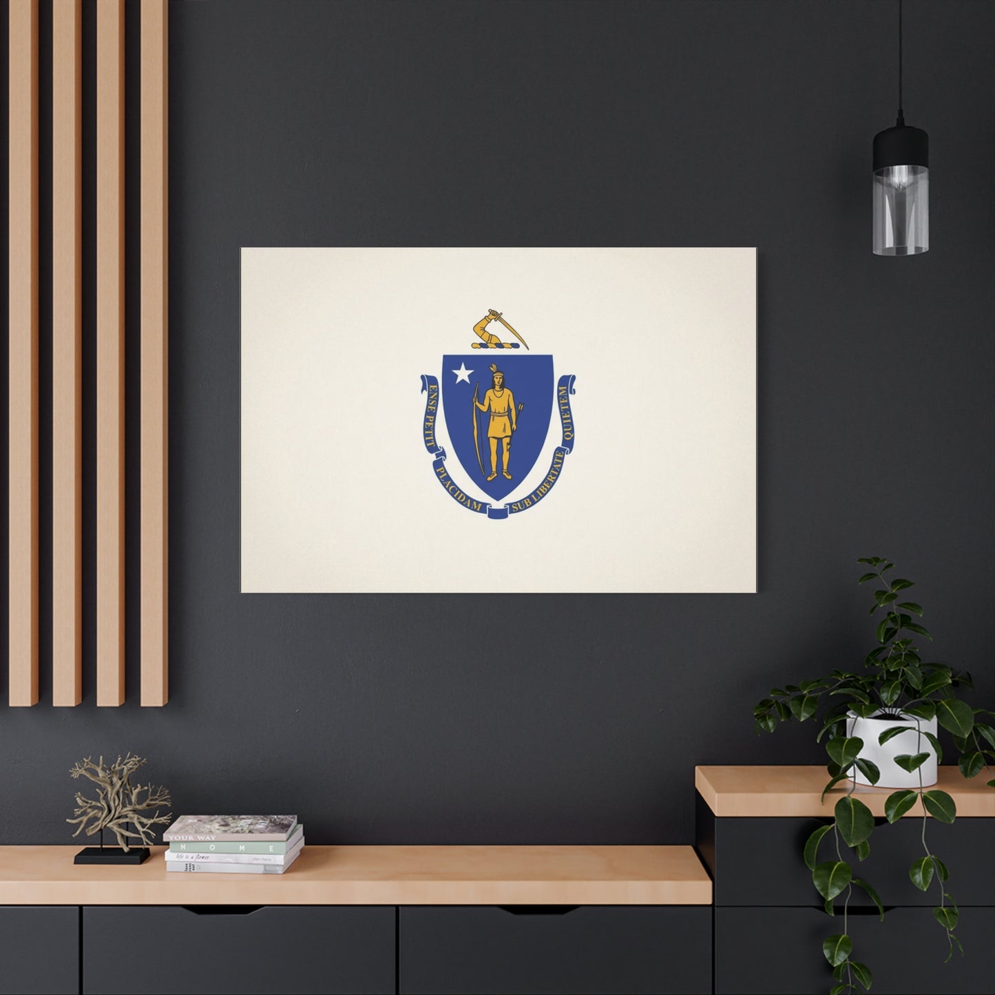 Massachusetts State Flag Canvas Wall Art - Ense Petit Placidam Sub Libertate Quietem - Blue Shield Native American Crest - Minimalist Patriotic Decor - Living Room Wall Decor - Bedroom Home Decoration