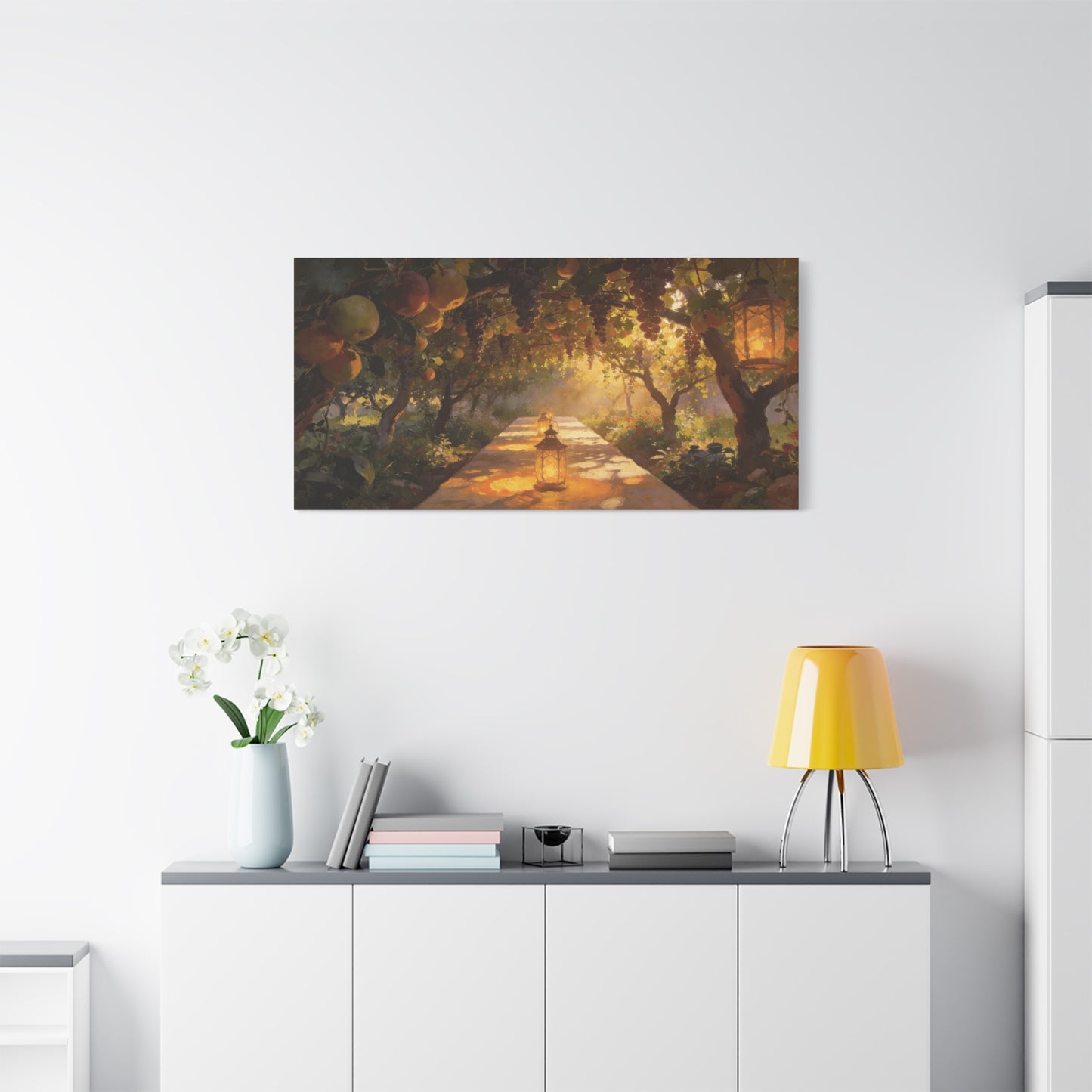 Fruit Orchard Canvas Wall Art - Lantern Lit Garden Path, Grape Vine And Apple Tree Painting - Matte Cotton Print, Rustic Traditional Style - Living Room Wall Decor, Bedroom Accent - Ready to Hang
