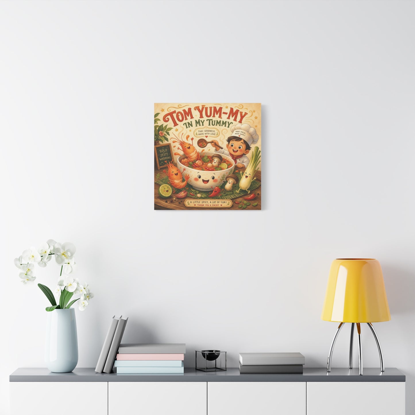 "Tom Yum-My In My Tummy" Canvas Wall Art - Cute Thai Soup Chef Illustration, Whimsical Kitchen Decor - Matte Cotton Canvas Print - Vintage Style Dining Room Wall Decor - Bedroom Home Decoration