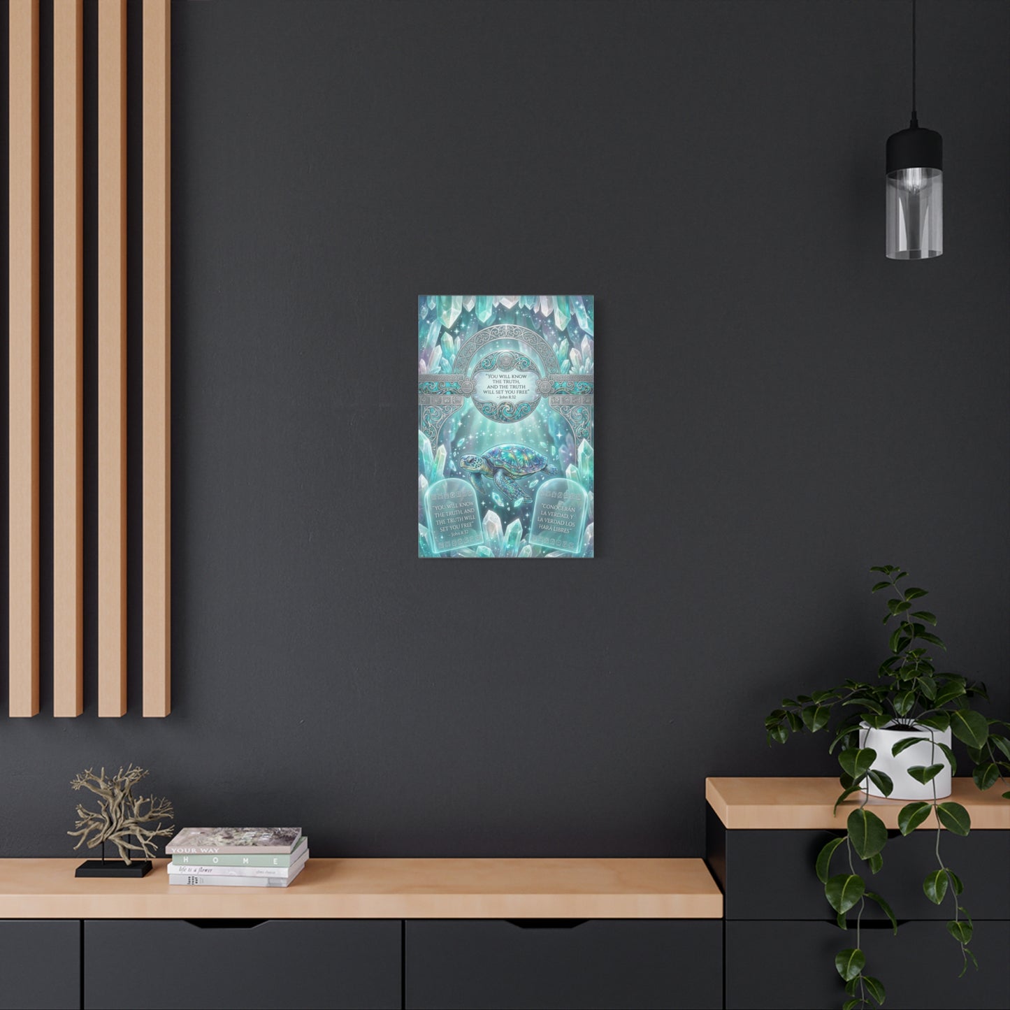 "You Will Know The Truth, And The Truth Will Set You Free" Sea Turtle Canvas Wall Art - John 8:32 Scripture Decor, Crystal Ocean Fantasy Style, Bedroom Wall Hanging, Meditation Space - Ready to Hang
