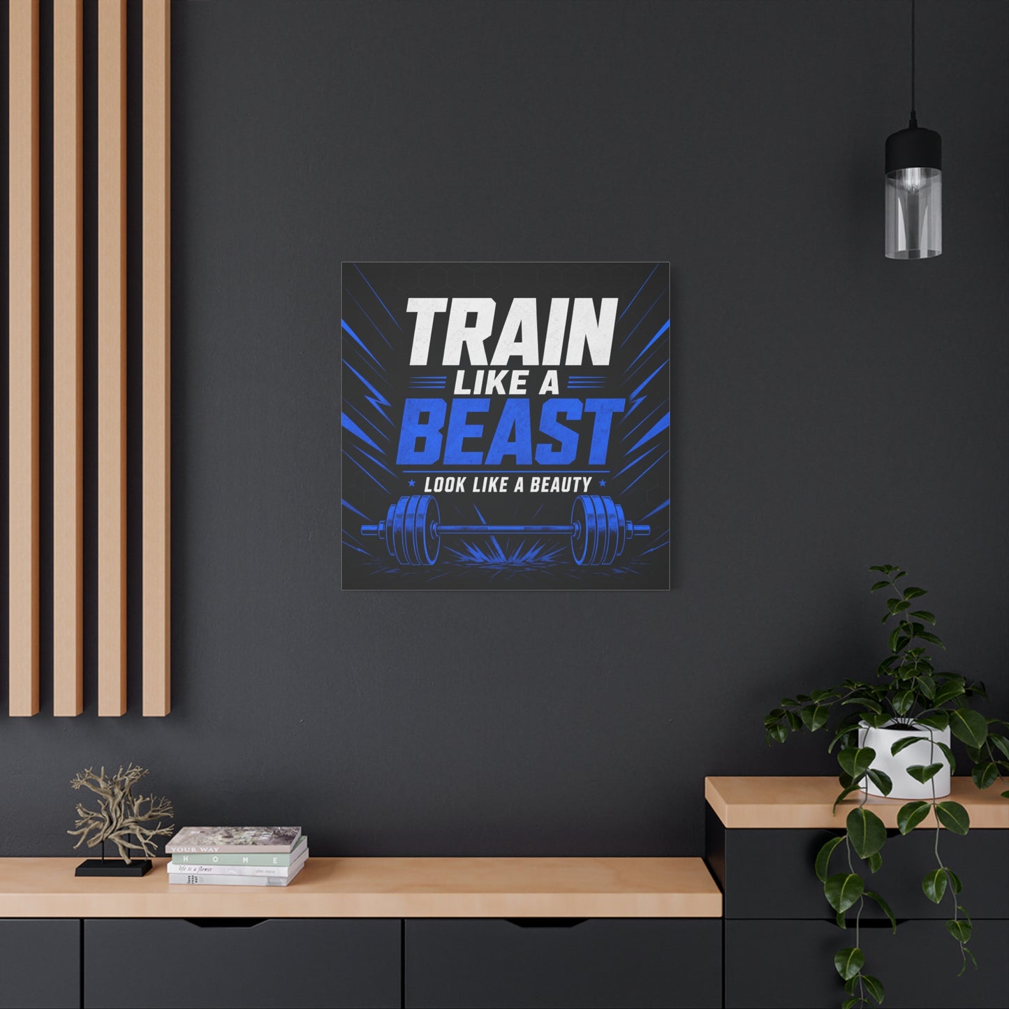"Train Like A Beast Look Like A Beauty" Gym Canvas Wall Art - Blue Black Barbell Typography Motivational Fitness Decor - Modern Sports Quote Print - Ready to Hang - Living Room Wall Decor