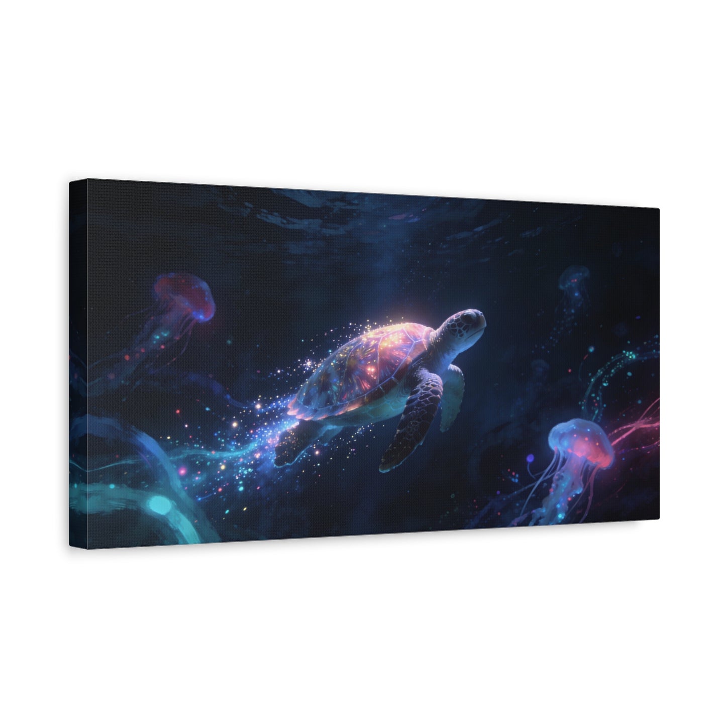 Sea Turtle Canvas Wall Art - Glowing Underwater Jellyfish Ocean Scene, Fantasy Marine Canvas Print - Contemporary Blue Seascape - Living Room Wall Decor, Bedroom Home Accent - Bedroom Home Decoration
