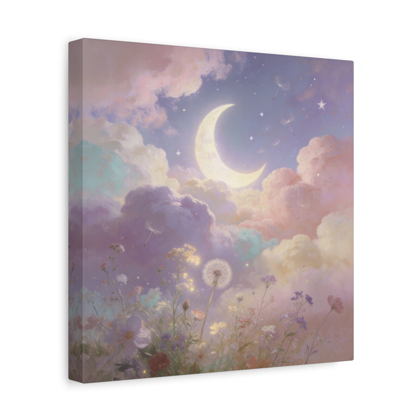 Crescent Moon Canvas Art Print - Dreamy Pastel Clouds, Dandelion Sky, Celestial Floral Scene - Cotton Matte Artwork - Lavender Nursery Accent, Bedroom Decoration, Meditation Space Decor
