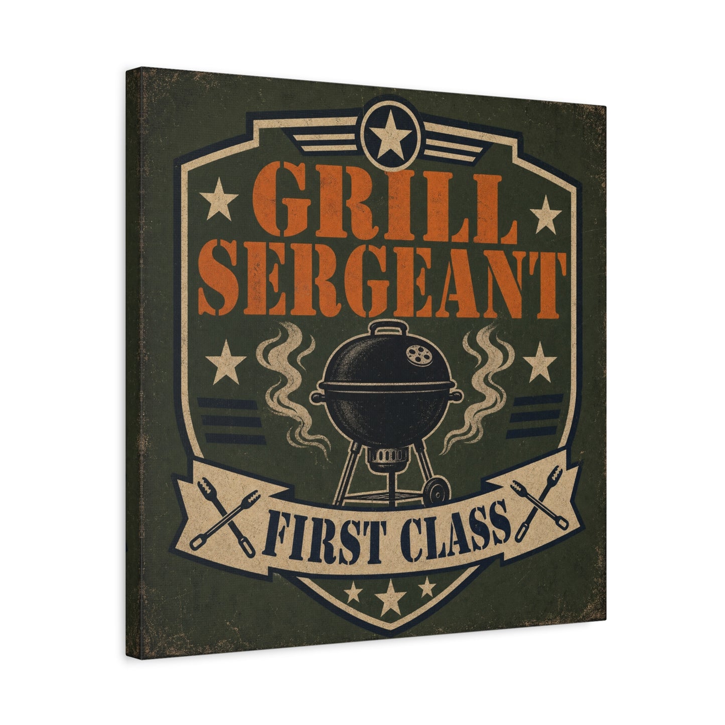 "Grill Sergeant First Class" BBQ Canvas Wall Art - Vintage Grill Badge Sign, Rustic Patriotic Kitchen Decor, Retro Barbecue Poster Style, Man Cave Wall Decor - Ready to Hang - Bedroom Home Decoration