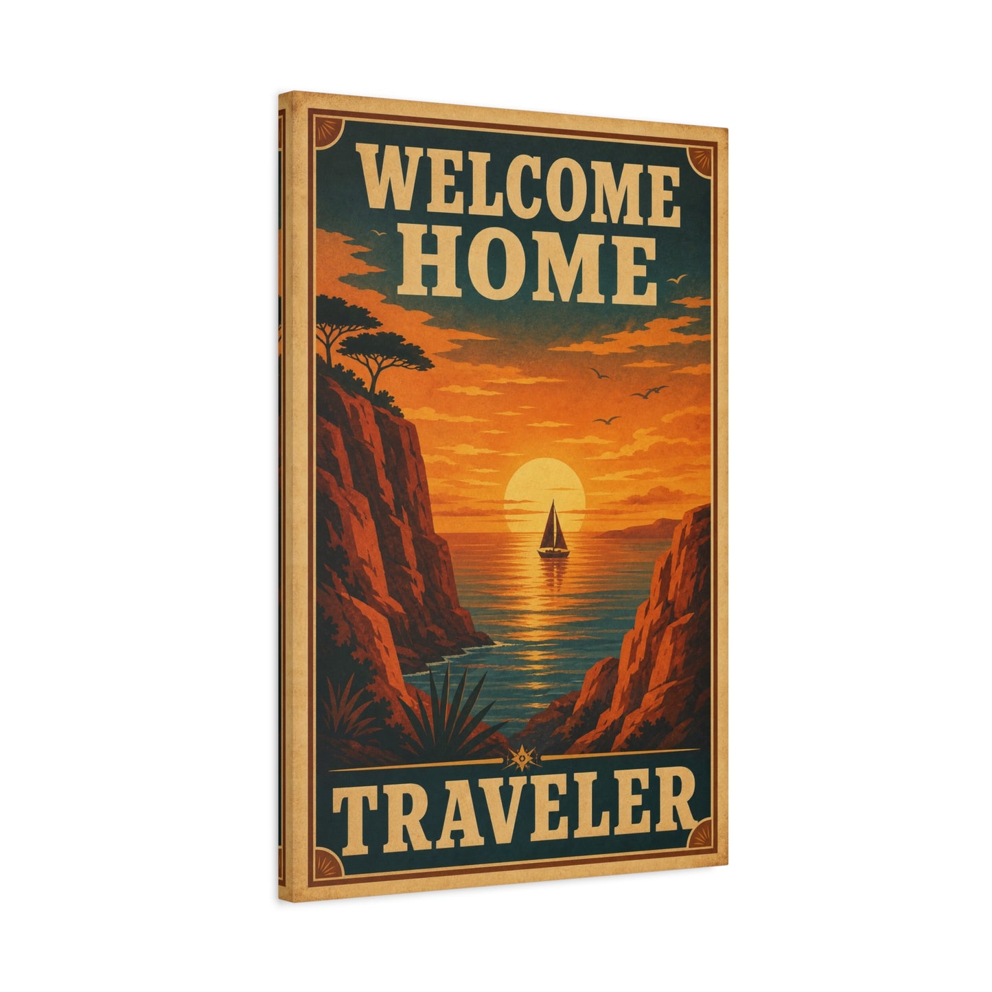 "Welcome Home Traveler" Vintage Coastal Canvas Wall Art - Sunset Sailboat Seascape Print - Retro Travel Poster Style - Living Room Wall Decor, Hallway Home Decoration - Modern Farmhouse Style