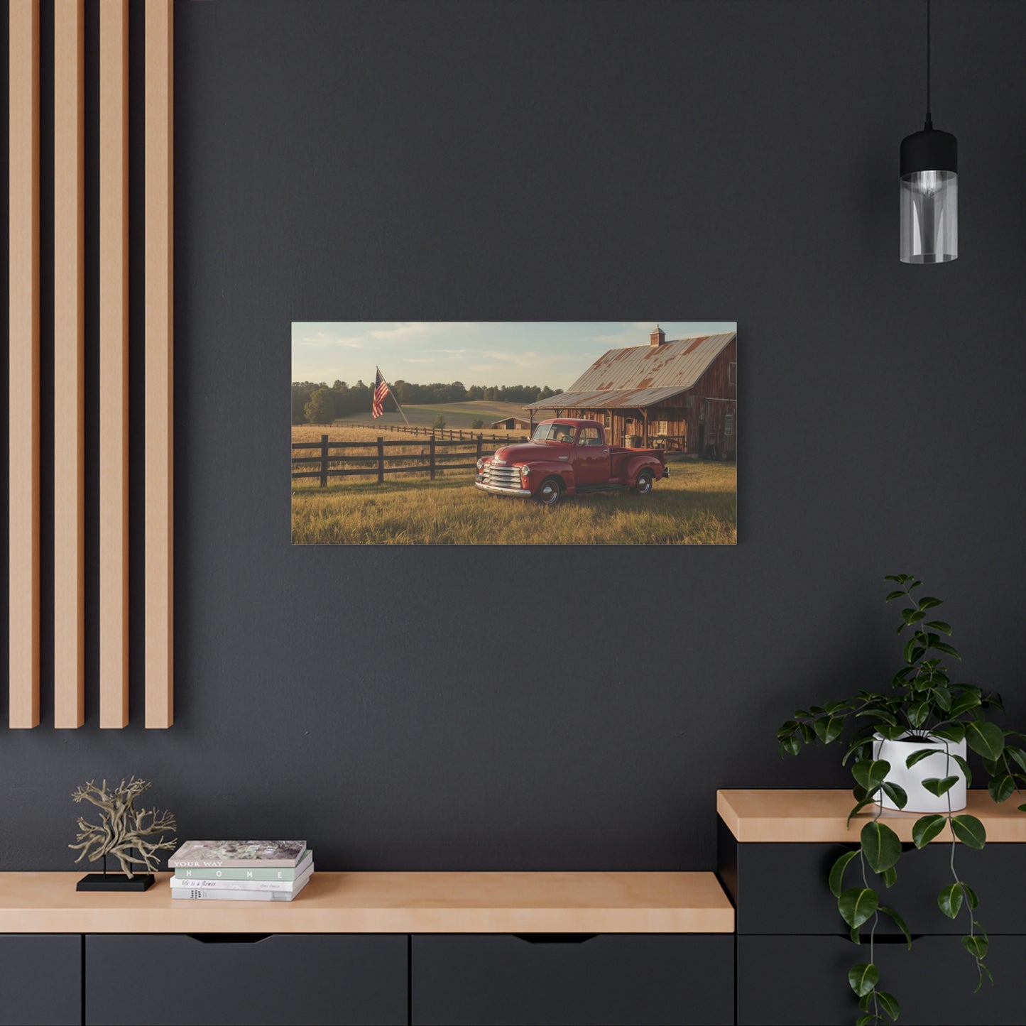 Red Vintage Pickup Truck Canvas Wall Art - Rustic Barn, American Flag Farm Landscape - Country Art Print, Traditional Style - Living Room Wall Decor, Office Art Accent - Modern Farmhouse Style