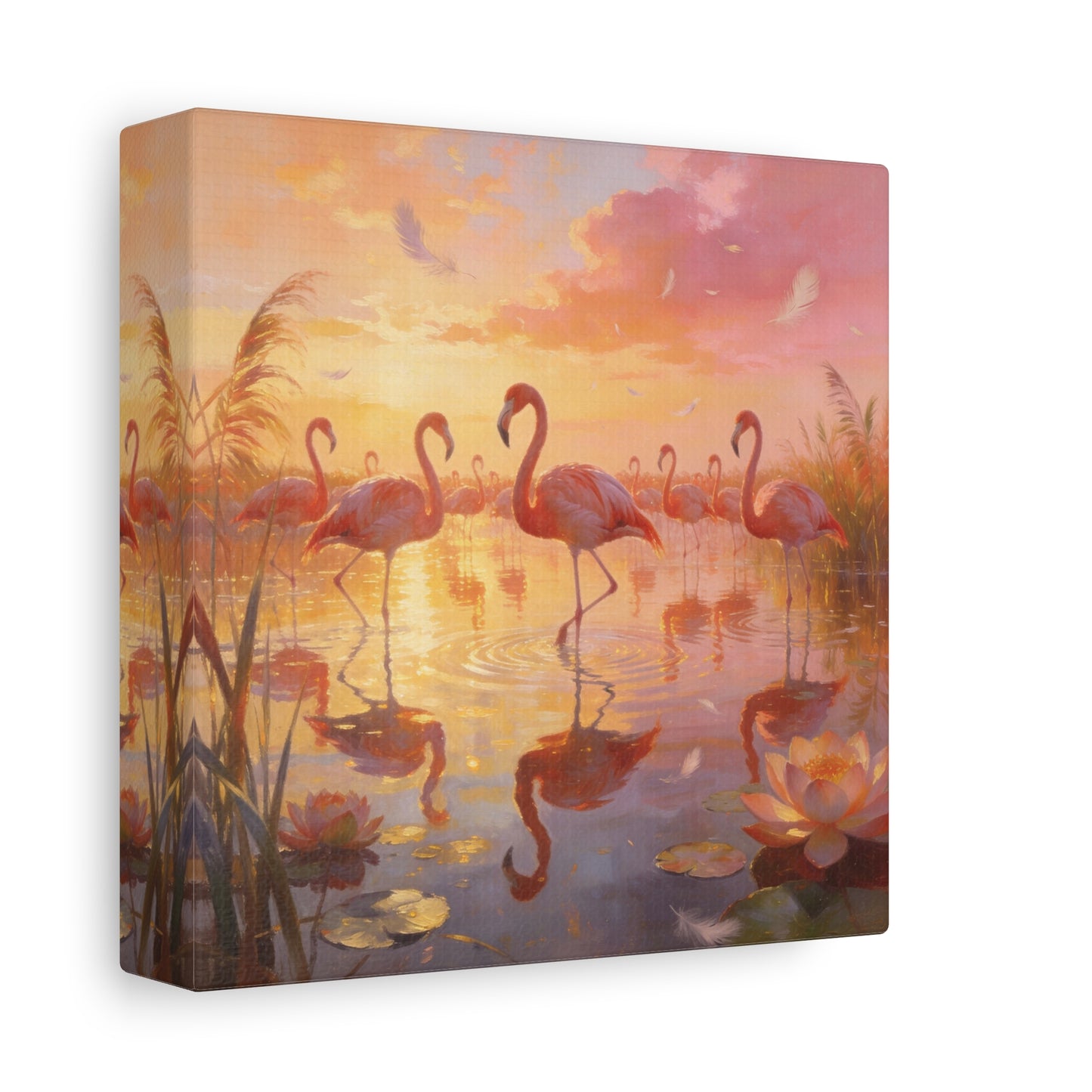 Pink Flamingo Canvas Wall Art - Sunset Wetland Birds, Lotus Pond Reflections - Dreamy Tropical Illustration, Matte Canvas Print - Living Room Wall Decor, Bedroom Home Decoration - Ready to Hang