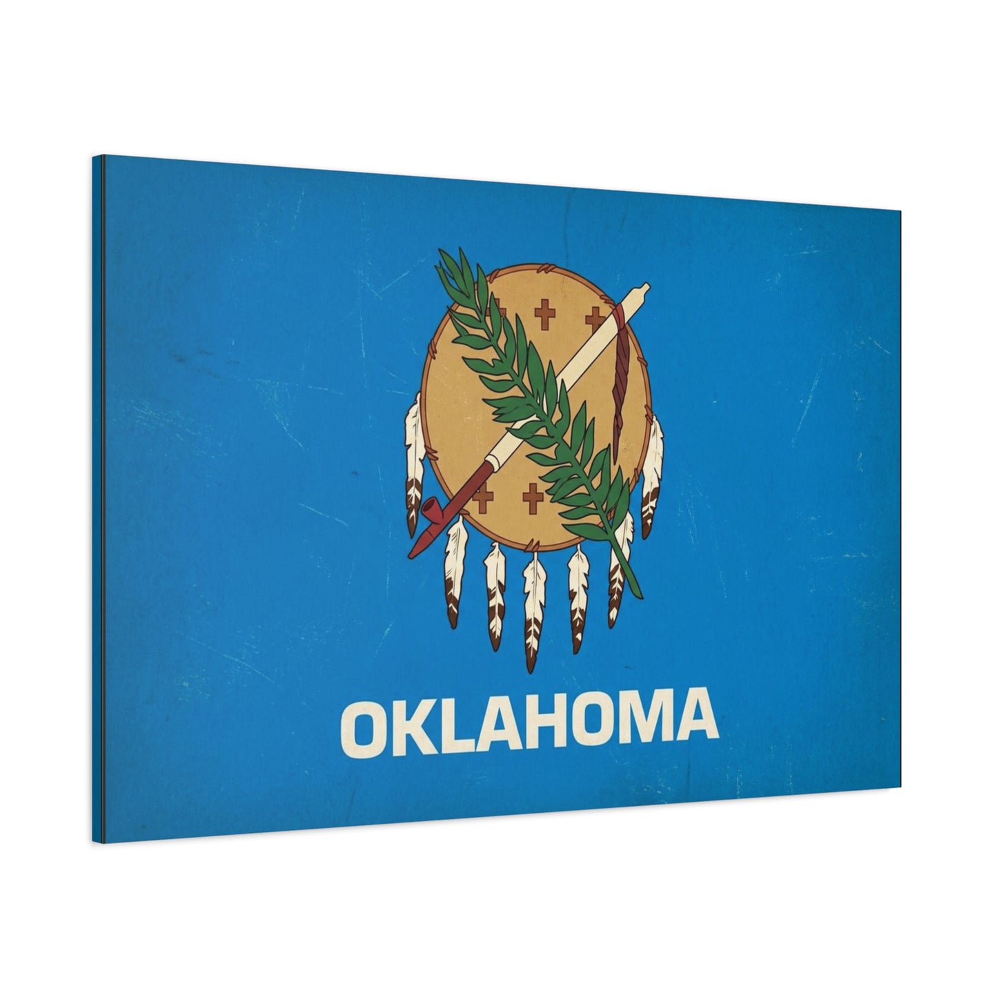 "OKLAHOMA" State Flag Canvas Wall Art - Vintage Blue Shield, Olive Branch And Peace Pipe Print - Rustic Americana Style - Living Room Decor, Office Wall Accent - Ready to Hang - Modern Farmhouse Style
