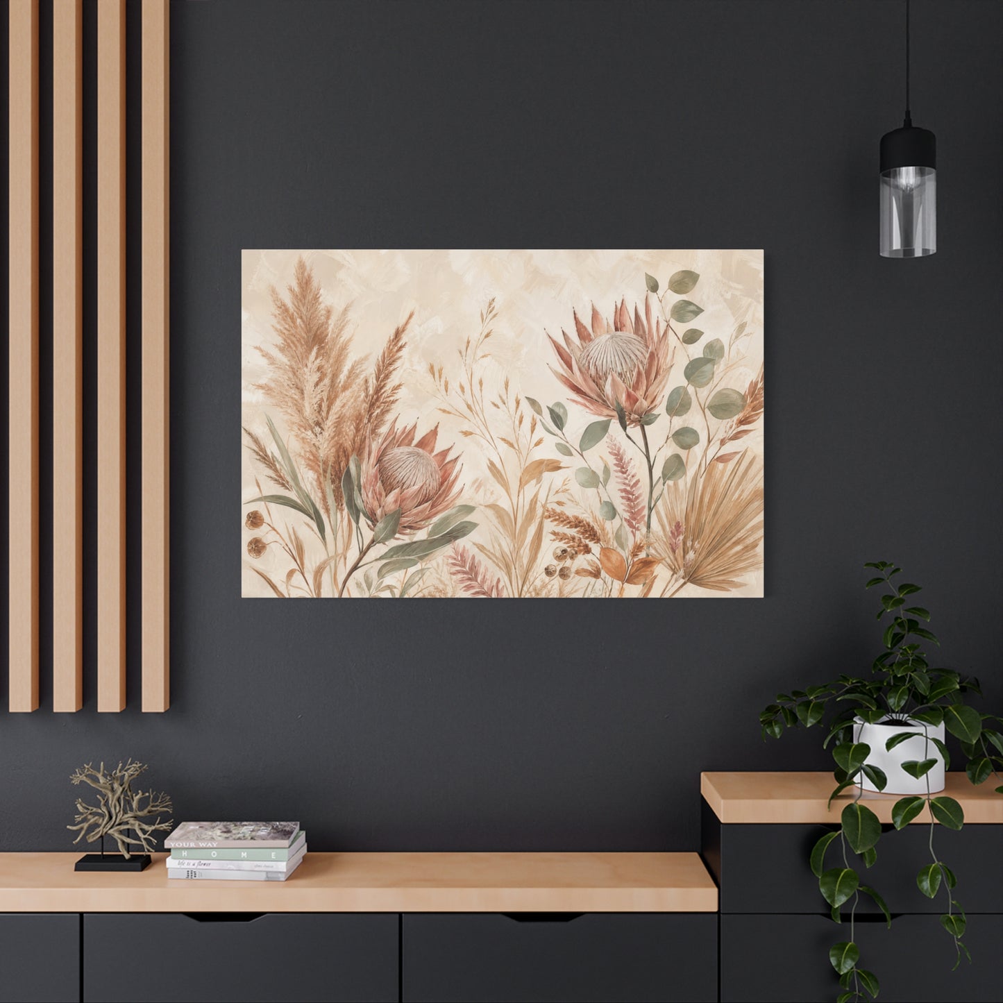 Protea Botanical Canvas Wall Art - Pampas Grass, Eucalyptus Floral Print - Neutral Boho Farmhouse Decor - Beige Sage Nature Painting - Ready to Hang
