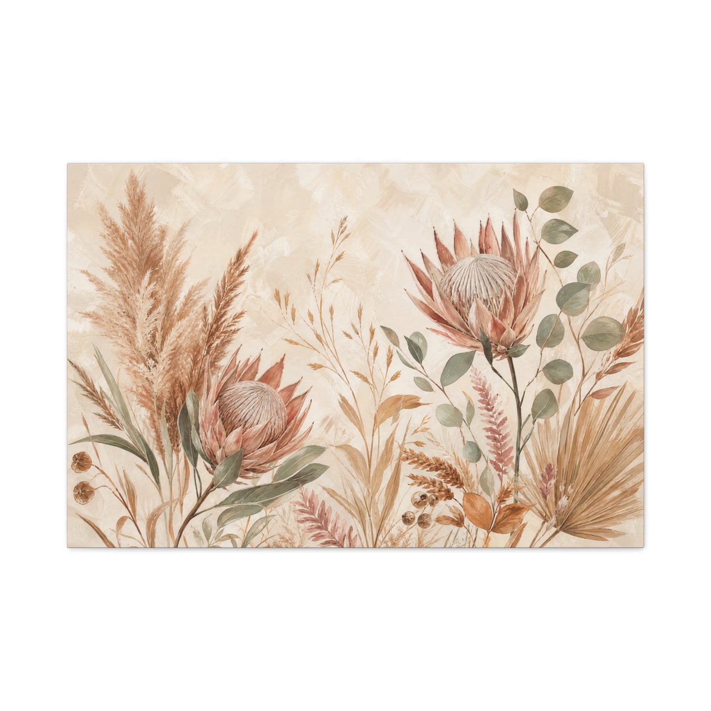 Protea Botanical Canvas Wall Art - Pampas Grass, Eucalyptus Floral Print - Neutral Boho Farmhouse Decor - Beige Sage Nature Painting - Ready to Hang