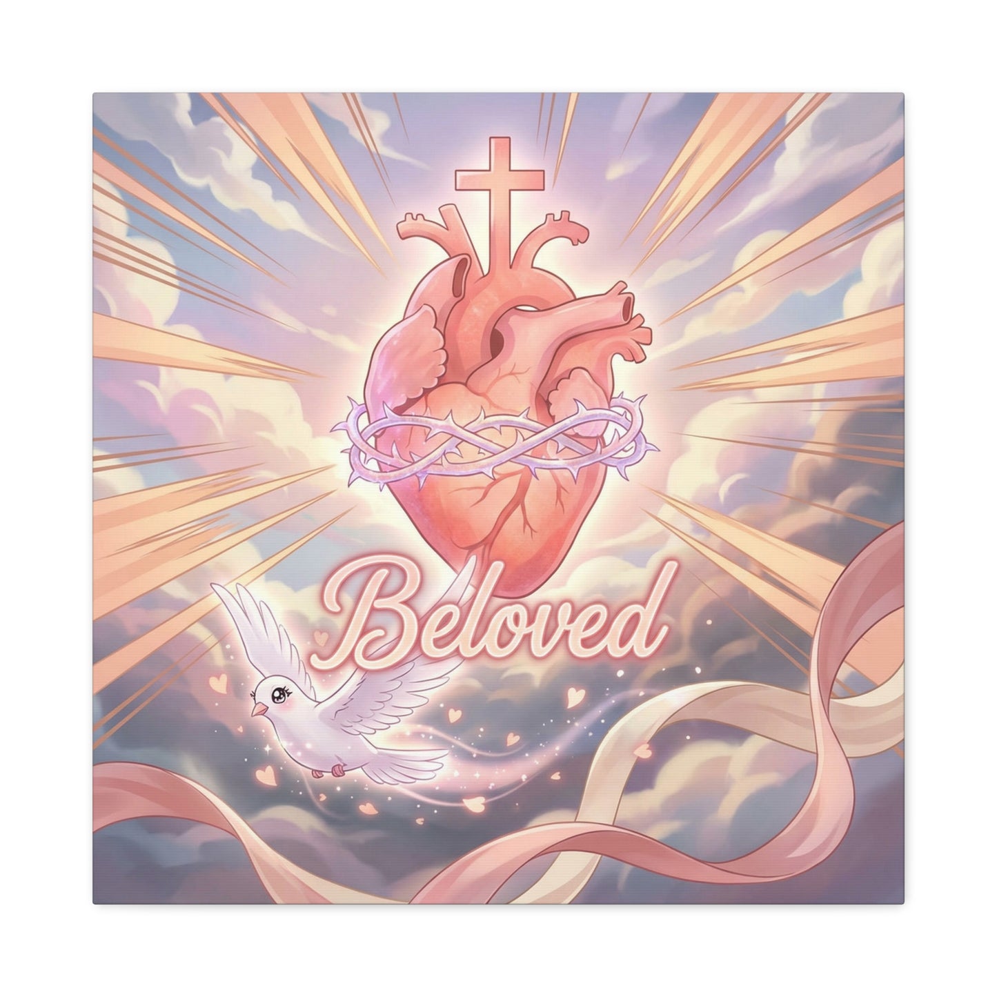 "Beloved" Sacred Heart Canvas Wall Art - Cross, Dove, Crown Of Thorns Christian Decor - Pink Pastel Religious Print - Inspirational Bedroom Home Decoration, Living Room Wall Decor - Ready to Hang