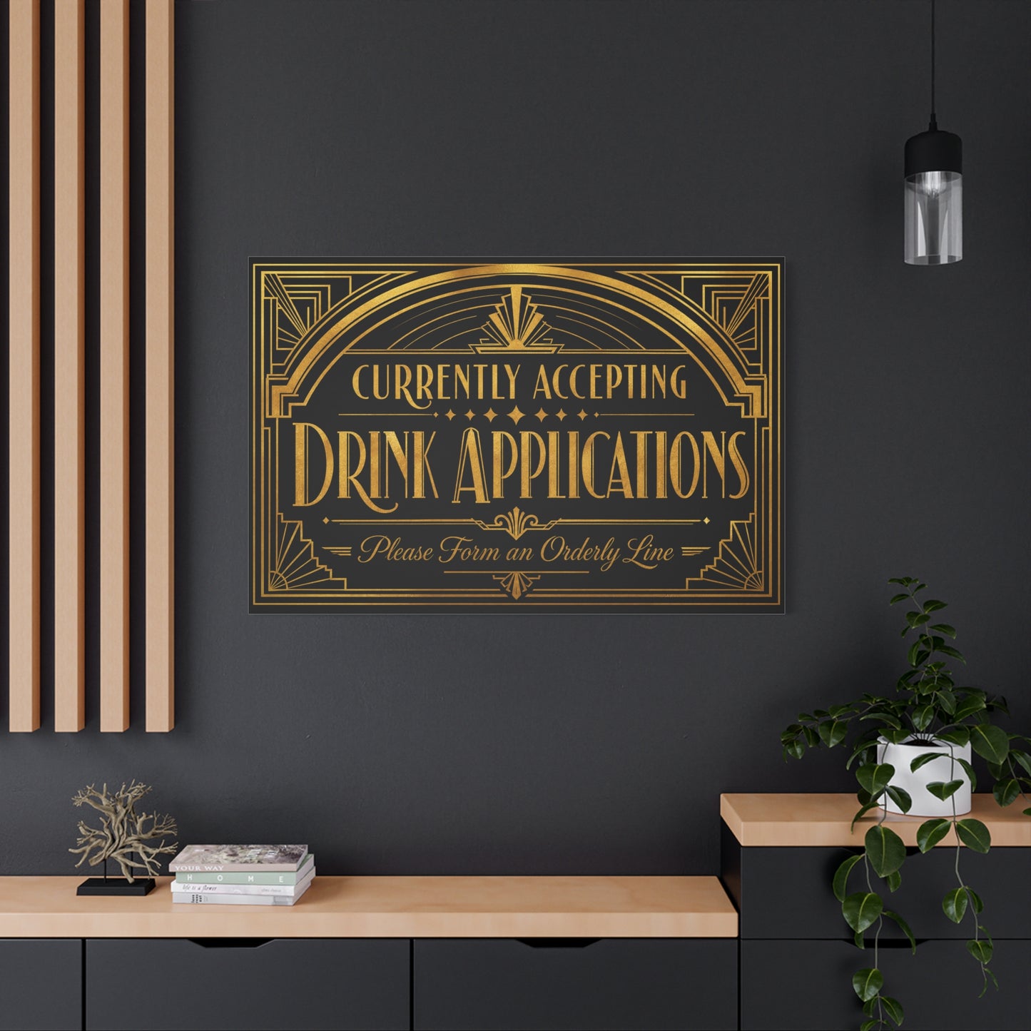 "Currently Accepting Drink Applications" Canvas Wall Art - Art Deco Typography Bar Sign, Black And Gold Humor Decor, Vintage Cocktail Lounge Style, Home Bar Accent - Ready to Hang - Tavern Wall Decor