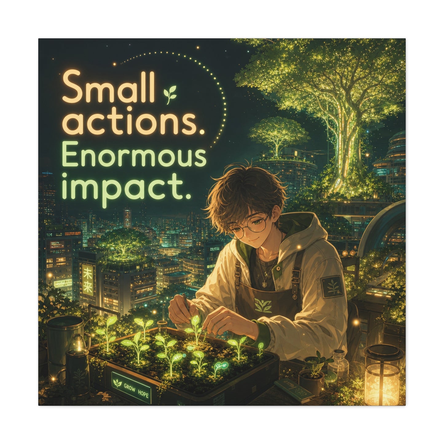 "Small Actions. Enormous Impact." Inspirational Canvas Wall Art - Anime Boy Gardening Cityscape - Glowing Green Night Illustration - Bedroom Home Decoration, Home Office Decor - Living Room Wall Decor