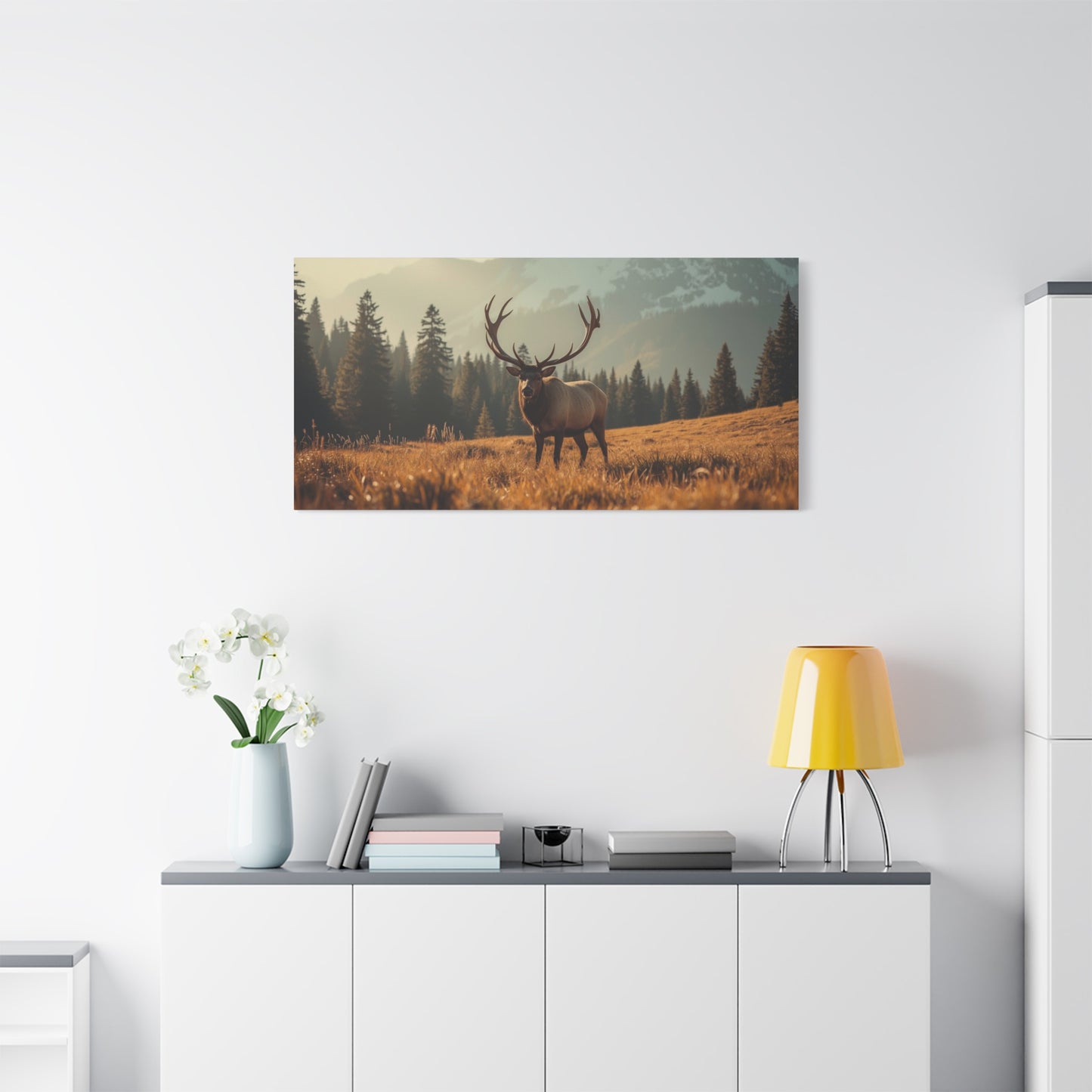 Bull Elk Canvas Wall Art - Mountain Meadow Wildlife Landscape, Golden Light Cotton Print - Rustic Nature Style, Living Room Wall Decor, Lodge Bedroom Home Decoration - Bedroom Home Decoration