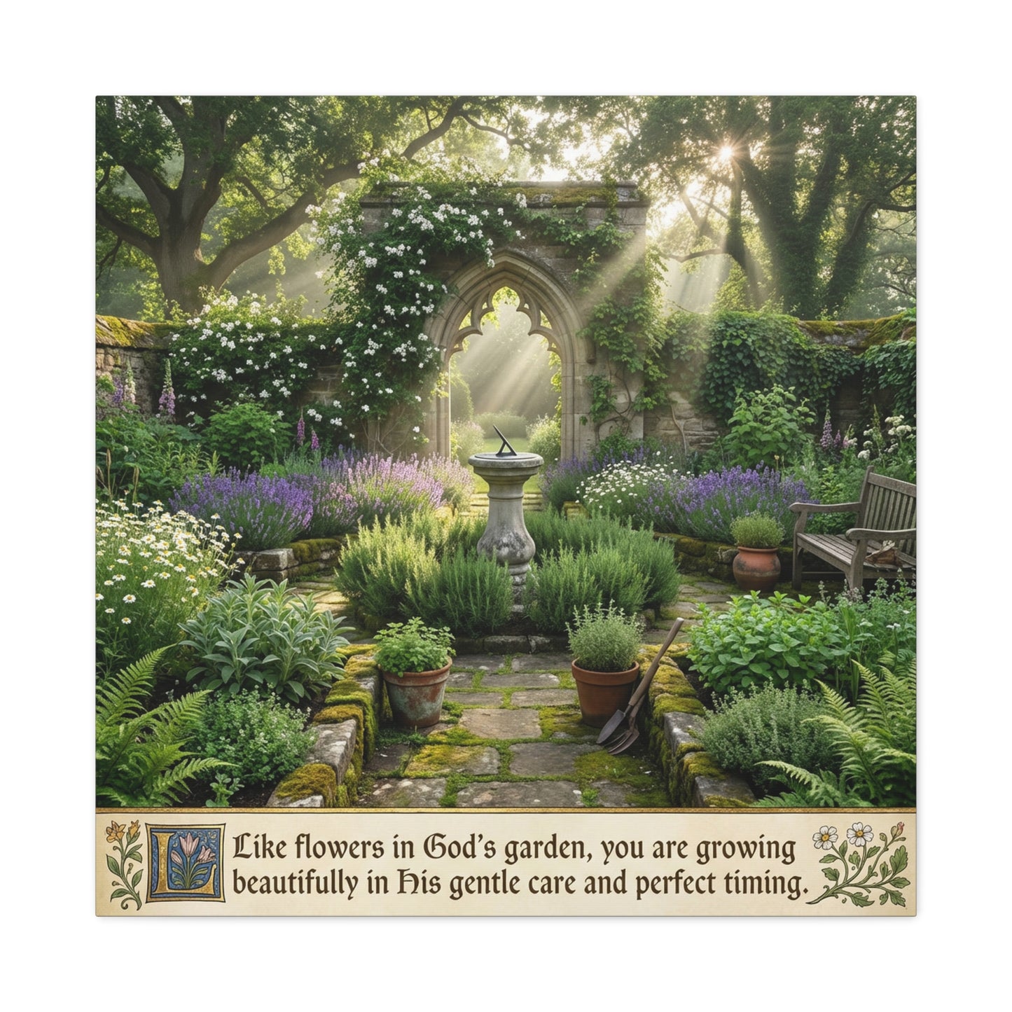 "Like Flowers In God's Garden, You Are Growing Beautifully In His Gentle Care And Divine Timing" Canvas Wall Art - Sunlit Garden Arch, Botanical Landscape Print - Living Room Decor - Office Wall Art
