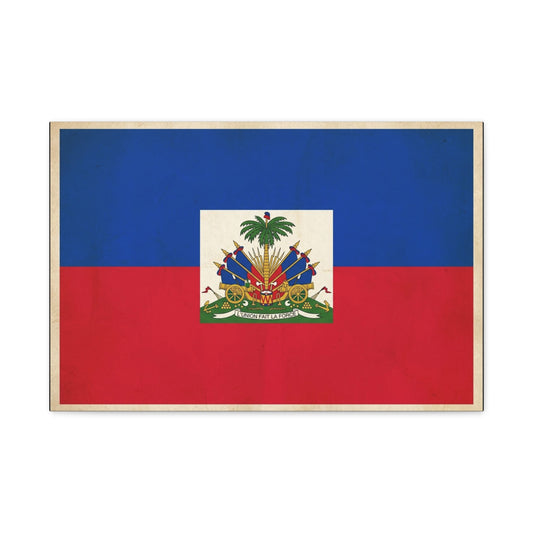 Haiti Flag Canvas Wall Art - Haitian Flag Print With Coat Of Arms, Patriotic Blue Red Banner - Framed Look Matte Canvas - Living Room Wall Decor, Bedroom Home Decoration - Bedroom Home Decoration