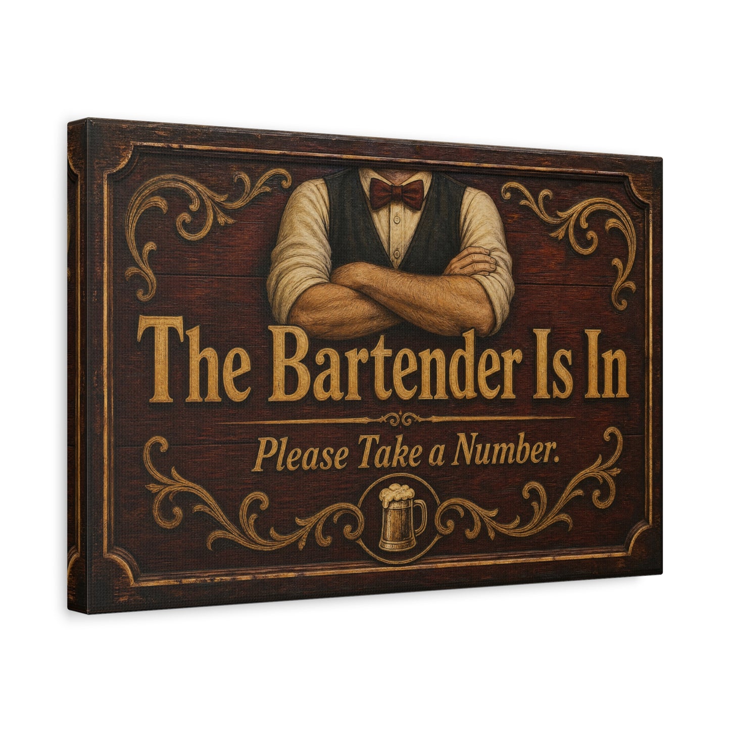 "The Bartender Is In Please Take A Number" Canvas Wall Art - Vintage Rustic Bar Sign Decor, Brown Woodgrain Tavern Style, Home Bar Decoration, Pub Room Accent - Ready to Hang - Pub Wall Art
