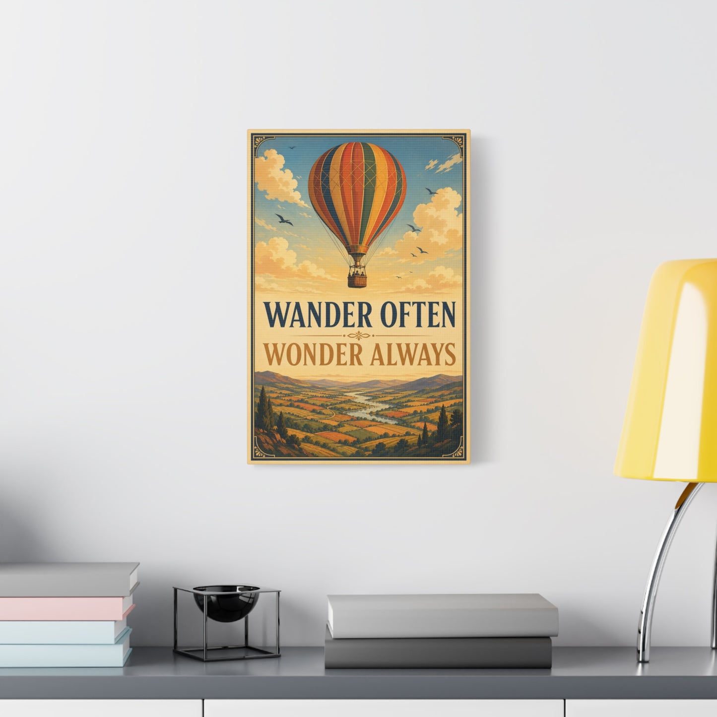 "Wander Often Wonder Always" Hot Air Balloon Canvas Wall Art - Vintage Travel Landscape Quote Print, Retro Sky Poster Style, Living Room Wall Decor - Ready to Hang - Bedroom Home Decoration