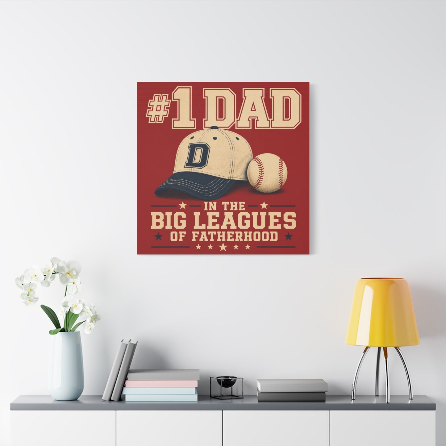 "#1 Dad In The Big Leagues Of Fatherhood" Baseball Canvas Wall Art - Vintage Sports Typography, Cap And Ball Illustration - Rustic Americana Style - Living Room Wall Decor - Bedroom Home Decoration