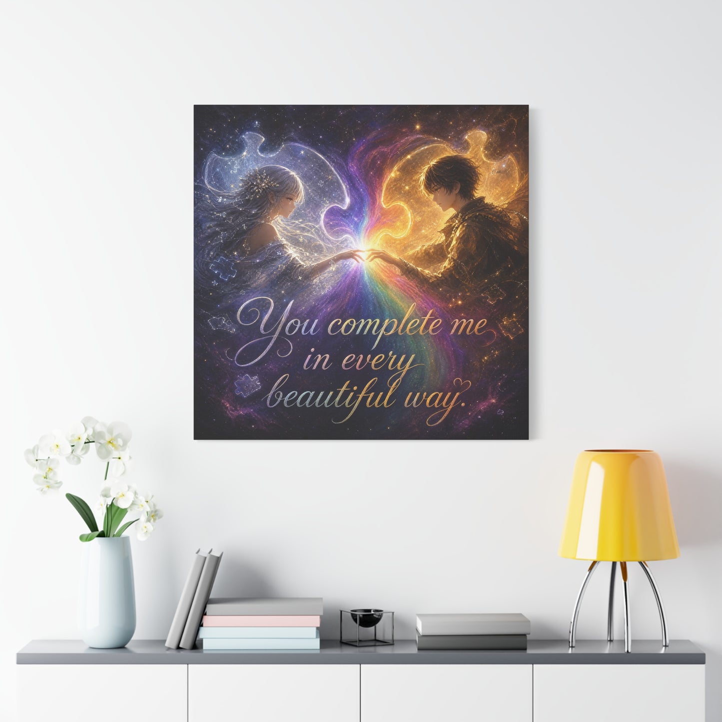 "You Complete Me In Every Beautiful Way" Romantic Couple Canvas Wall Art - Celestial Puzzle Soulmate Quote Print, Fantasy Love Decor - Bedroom Wall Hanging - Ready to Hang - Bedroom Home Decoration