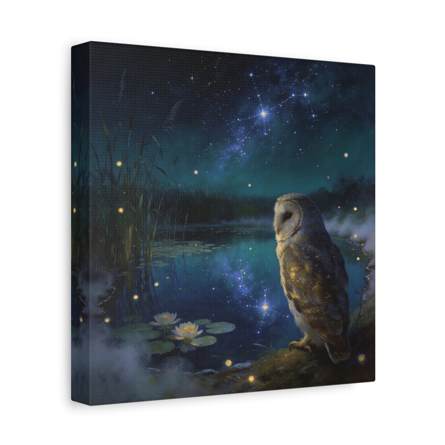 Barn Owl Canvas Wall Art - Moonlit Pond, Fireflies, Water Lilies, Starry Night Sky - Dreamy Wildlife Painting - Matte Finish Canvas Print - Bedroom Wall Decor, Nursery Accent - Bedroom Home Decoration