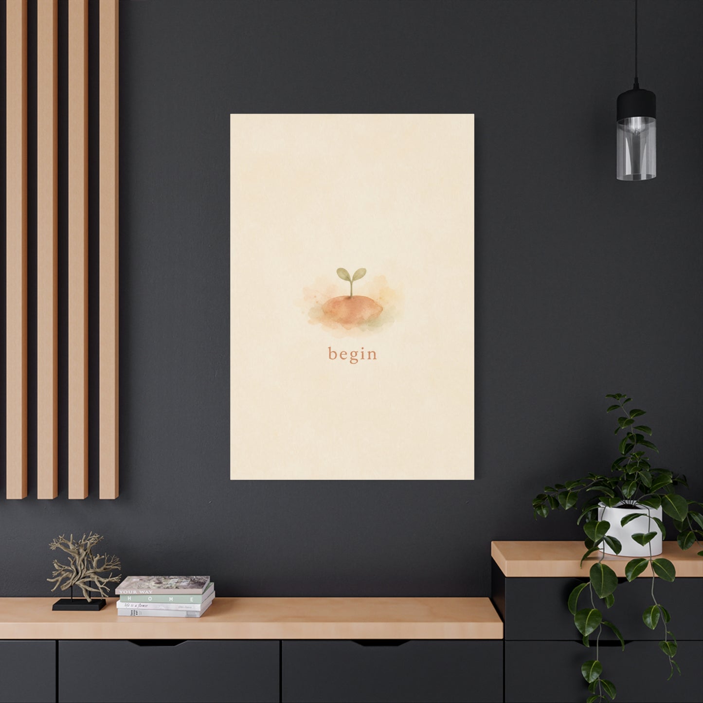 "Begin" Minimalist Sprout Canvas Wall Art - Inspirational Typography Print, Soft Beige Botanical Watercolor - Contemporary Neutral Decor For Bedroom, Nursery, Home Office, Meditation Space