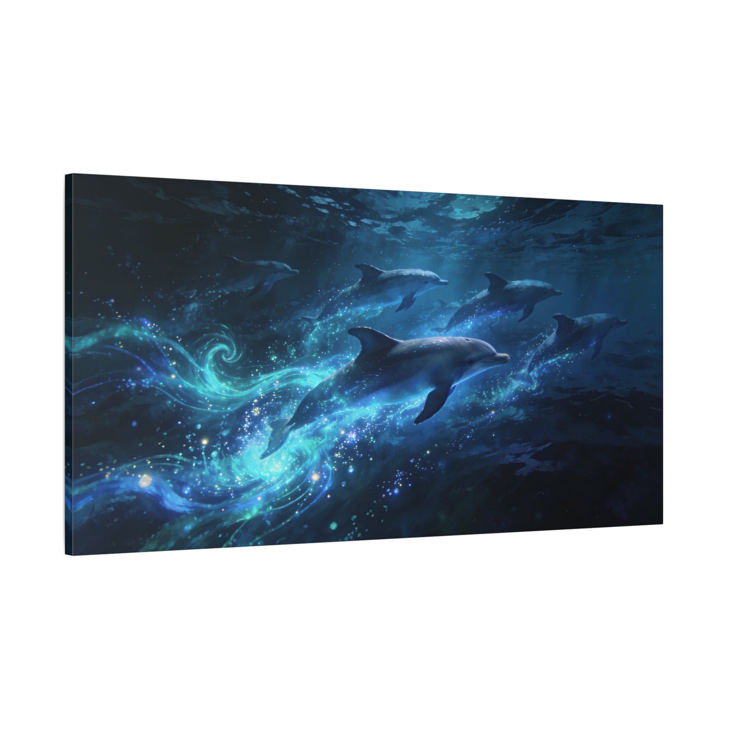 Dolphin Pod Canvas Wall Art - Glowing Underwater Ocean Scene, Blue Fantasy Marine Print - Matte Cotton Artwork - Coastal Style Living Room Wall Decor, Bedroom Home Decoration - Bedroom Home Decoration