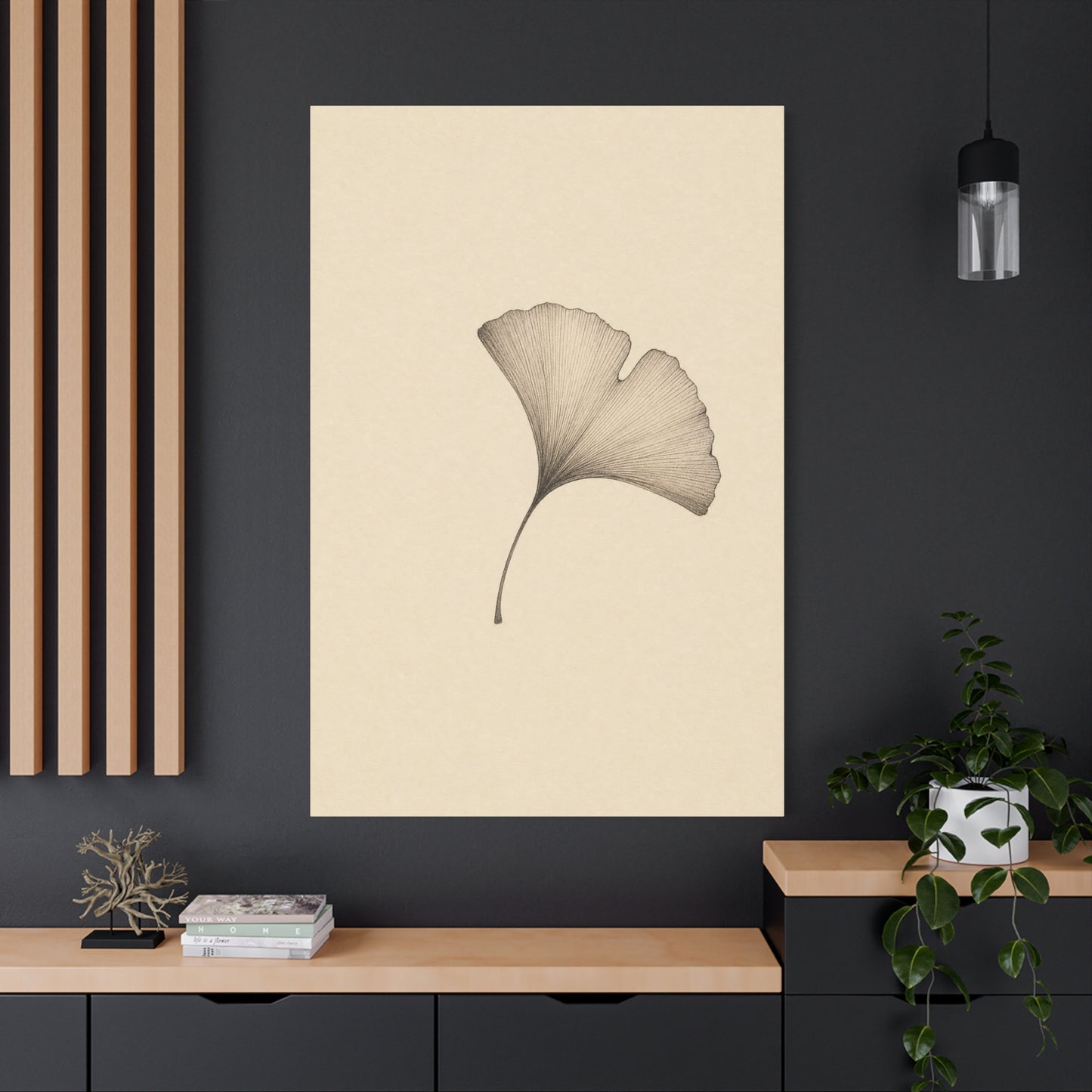 Ginkgo Leaf Canvas Wall Art - Minimalist Botanical Line Drawing, Neutral Beige Cotton Art Print - Contemporary Zen Style - Bedroom Wall Decor, Living Room Home Decoration - Bedroom Home Decoration