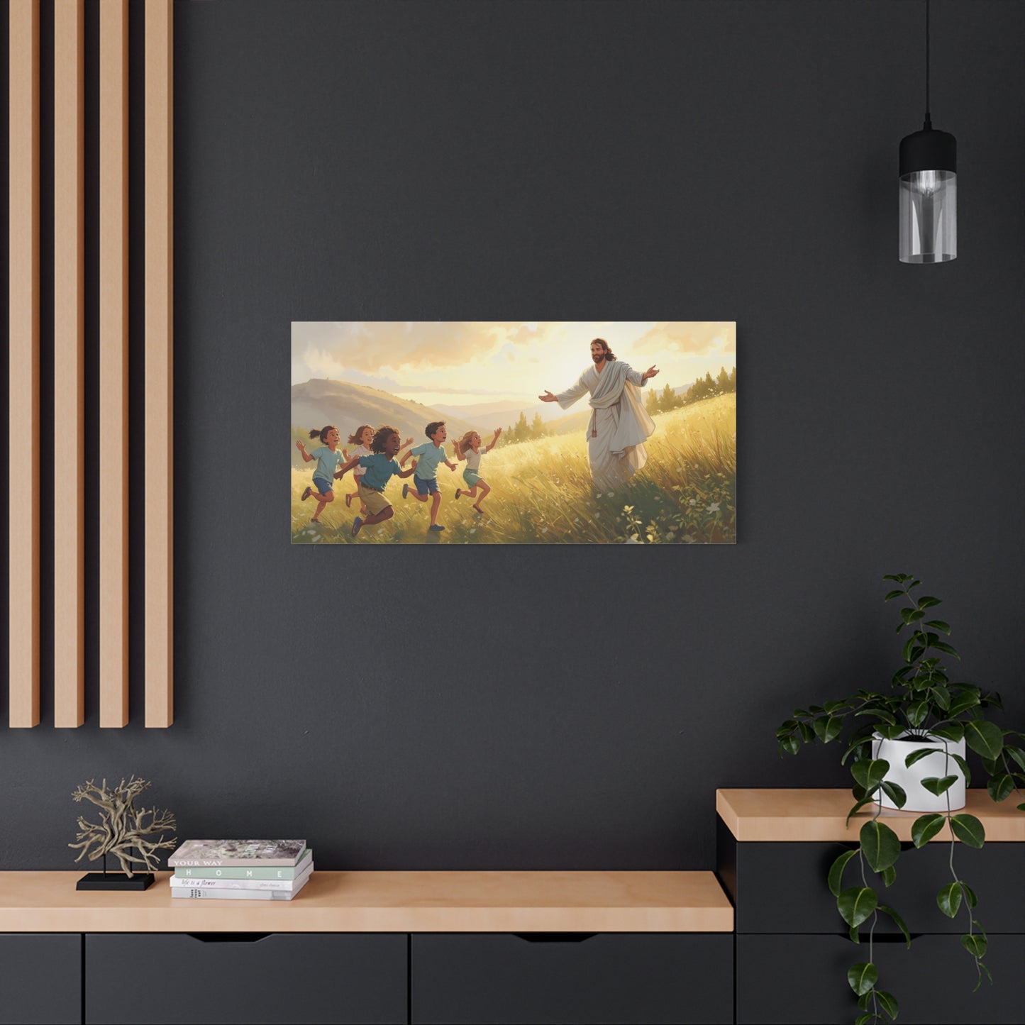 Jesus Christ With Children Canvas Wall Art - Golden Meadow Landscape, Christian Home Decor Print - Matte Cotton Canvas - Traditional Style For Living Room Bedroom Office - Living Room Wall Decor