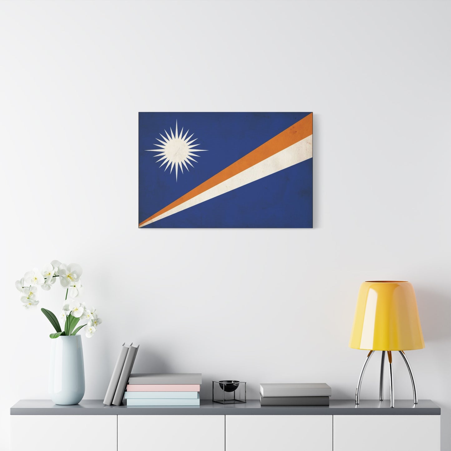 Marshall Islands Flag Canvas Wall Art - Blue Field, White Starburst, Orange Stripe - Vintage Patriotic Print - Coastal Island Decor For Living Room, Office Wall Display Accent - Modern Farmhouse Style