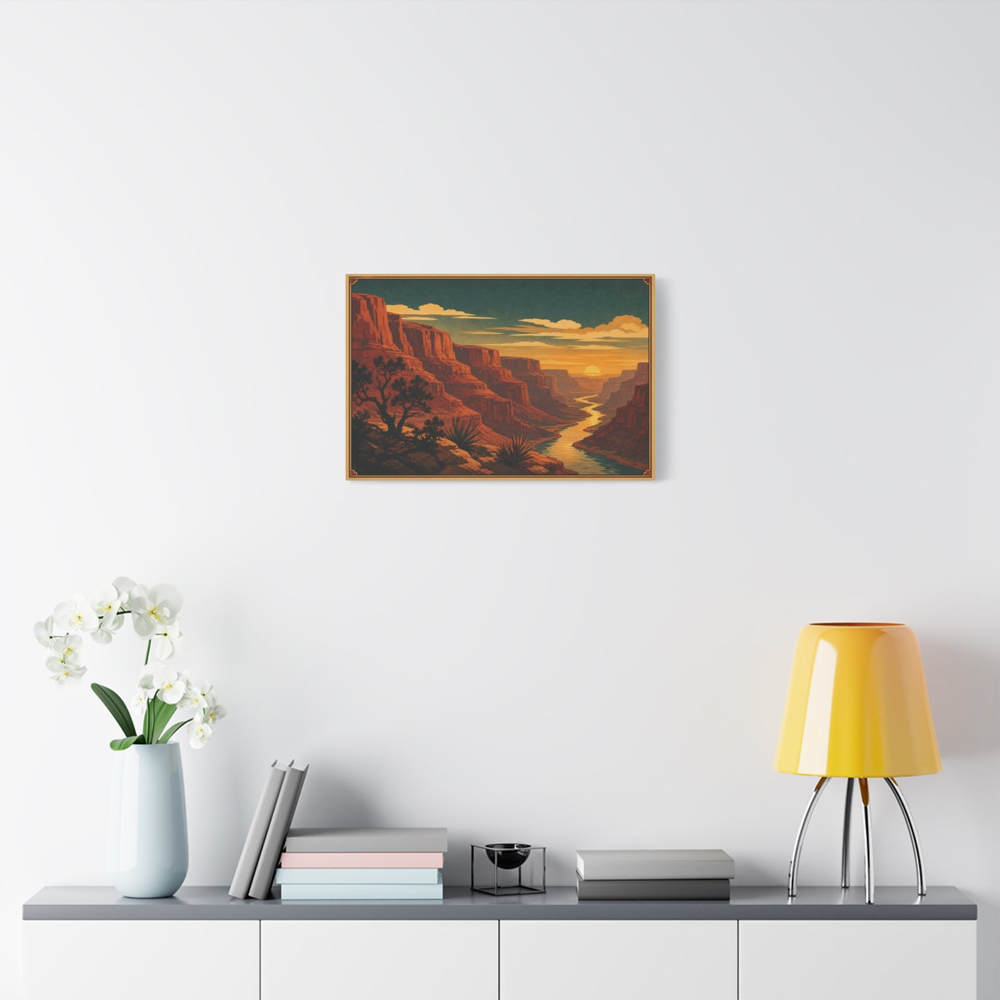 Desert Canyon Sunset Canvas Wall Art - Southwestern River Landscape Print, Vintage Travel Style - Golden Sky, Rustic Home Decor, Living Room Decoration - Ready to Hang - Living Room Wall Decor