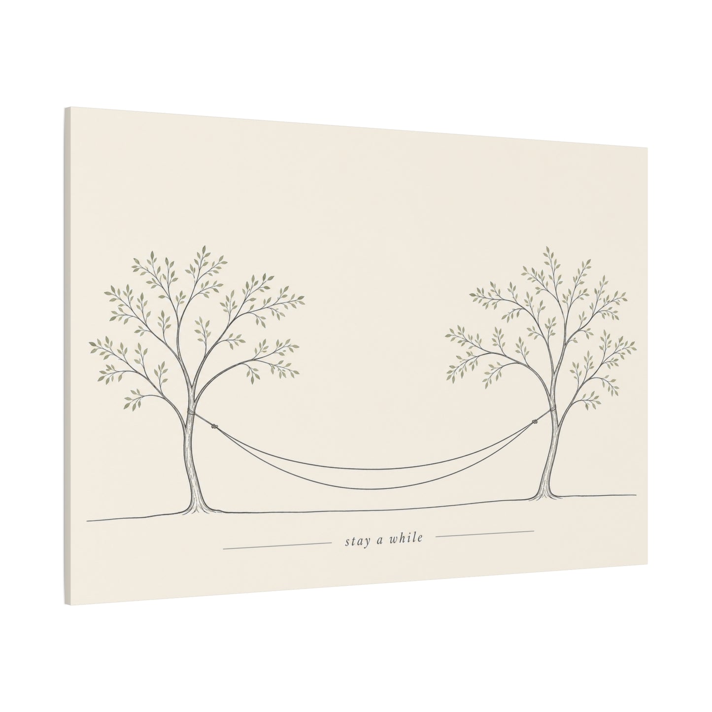 "Stay A While" Hammock Between Trees Canvas Wall Art - Minimalist Botanical Line Drawing, Neutral Beige Cotton Canvas Print - Bedroom Wall Decor, Living Room Home Decoration - Bedroom Home Decoration