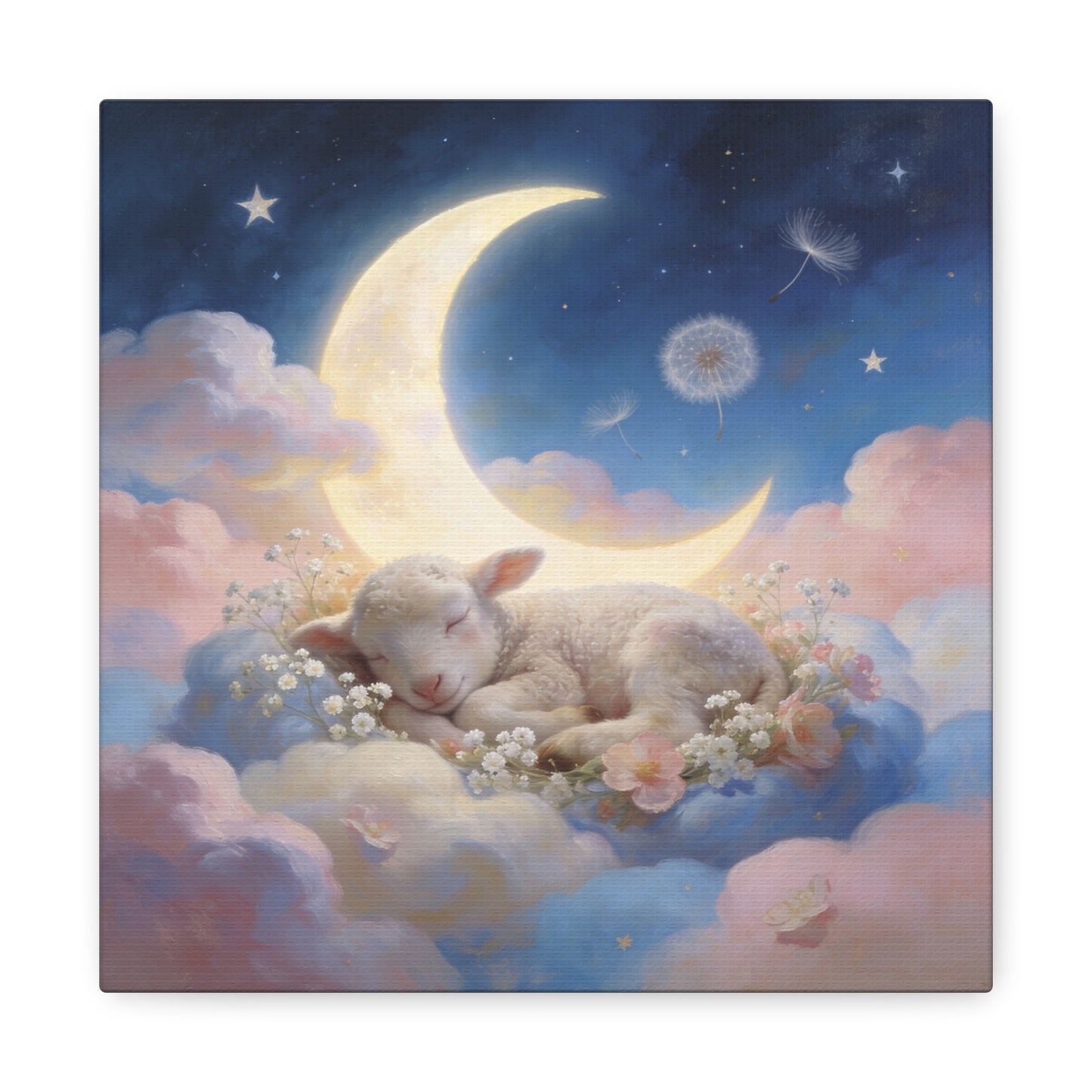Sleeping Lamb Canvas Wall Art - Crescent Moon, Stars, Pink Clouds Nursery Decor - Dreamy Pastel Canvas Print - Whimsical Storybook Style - Bedroom Home Decoration, Kids Room Accent - Office Wall Art