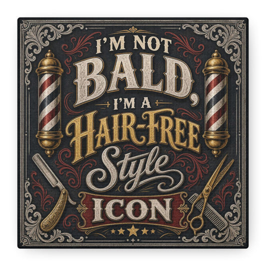 "I'M NOT BALD, I'M A HAIR-FREE STYLE ICON" Barber Shop Canvas Wall Art - Vintage Typography Salon Decor, Barbershop Pole Illustration, Rustic Matte Print - Lobby Wall Art - Reception Area Decor