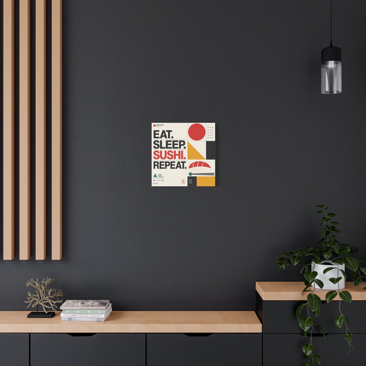 "Eat. Sleep. Sushi. Repeat." Sushi Canvas Wall Art - Japanese Typography Print, Geometric Food Poster Design - Modern Minimalist Cotton Canvas - Cafe Decor, Kitchen Accent, Dining Room Artwork
