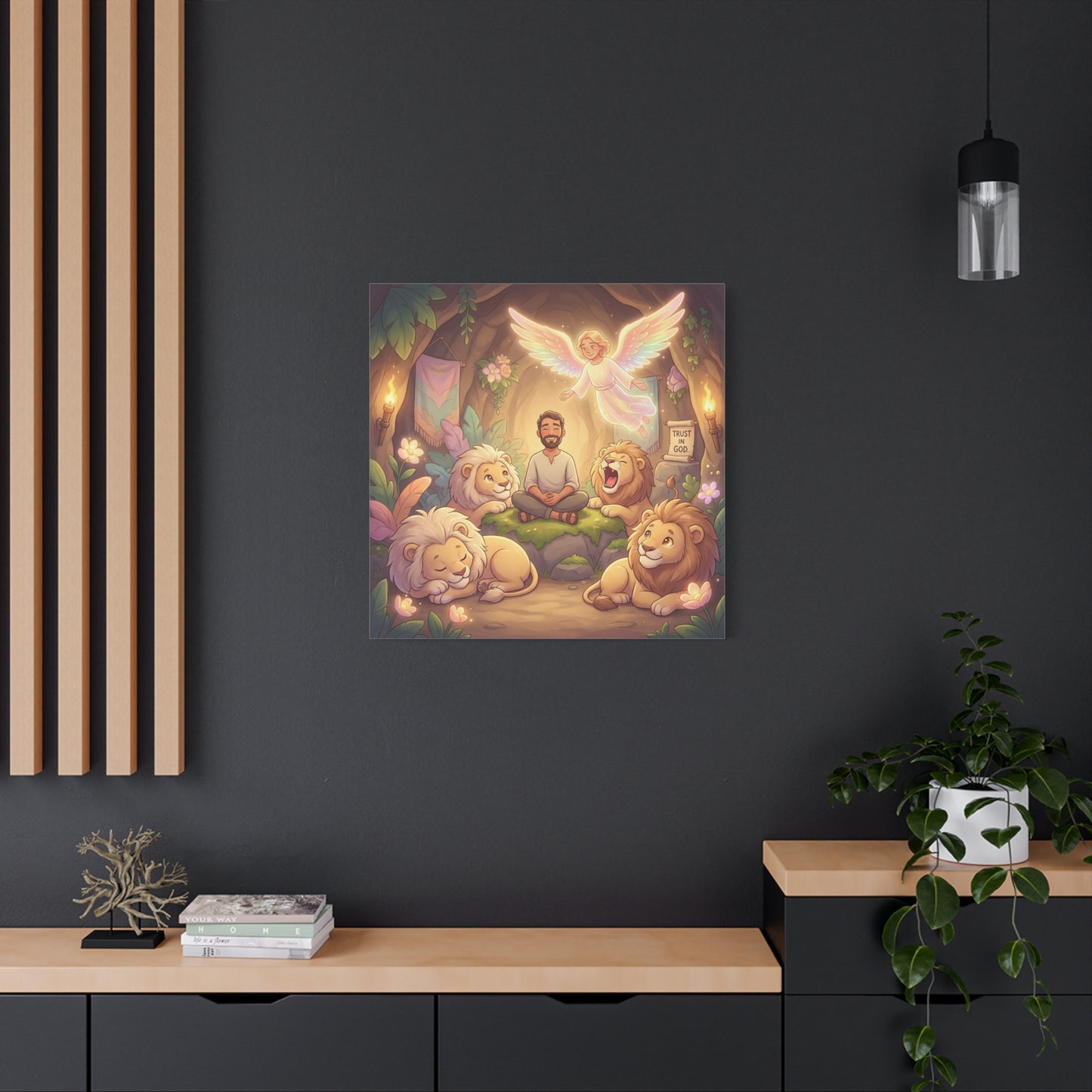 "Trust In God" Christian Canvas Wall Art - Angel, Man With Lions Cave Scene - Pastel Nursery Decor, Matte Cotton Print - Kids Bedroom Wall Decor, Playroom Home Decoration - Ready to Hang